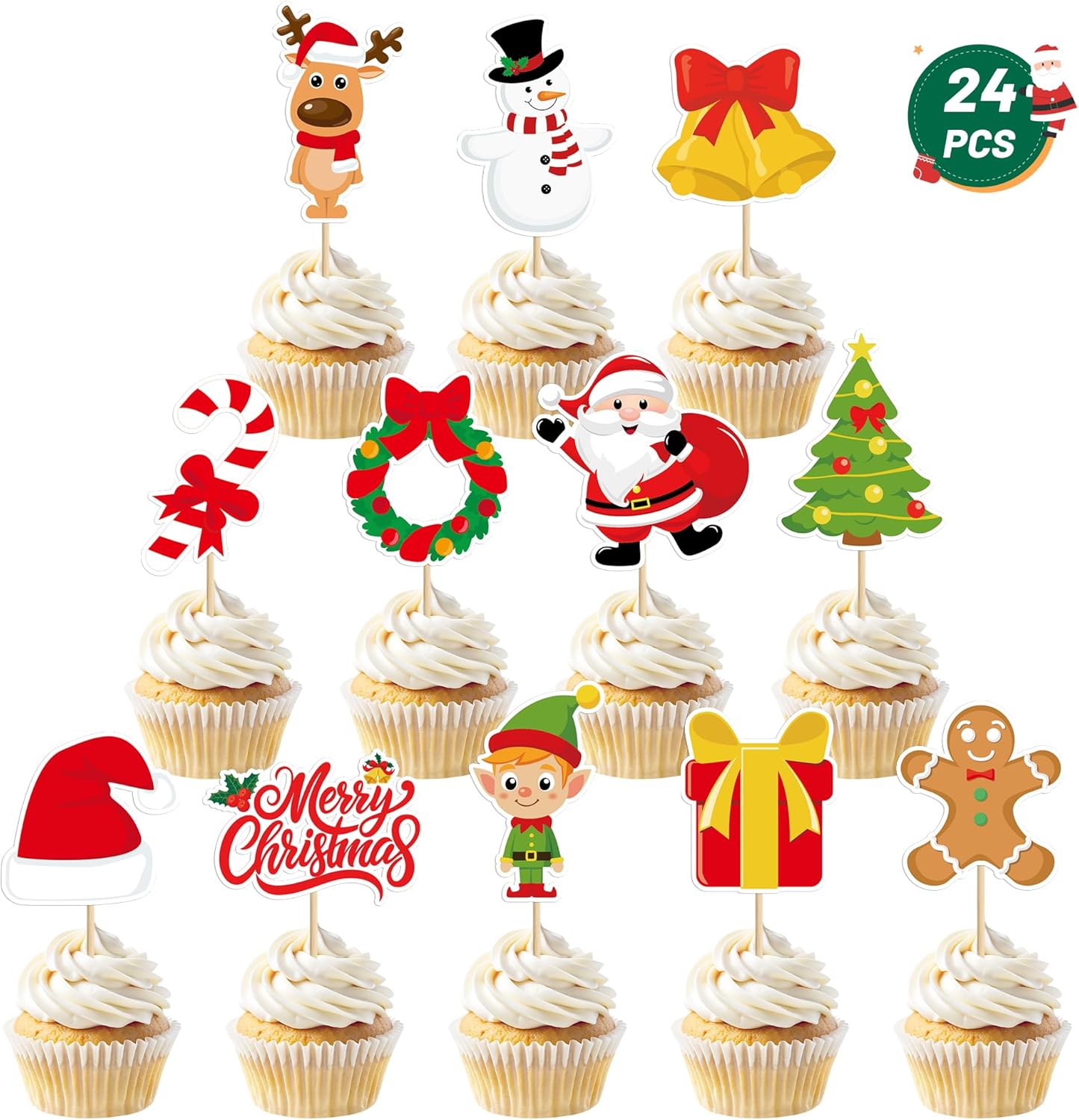 24 Pcs Christmas Cupcake Toppers, Xmas Cake Decorations Toothpicks with Santa Claus Snowman Bells Gingerbread Designs, Christmas Cake Topper Picks for New Year Holiday Party Decorations Supplies