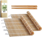 FUNGYAND Bamboo Sushi Rolling Mat with 2 Pairs of Chopsticks Natural Bamboo 9.5"x9.5" 2 Pcs Sushi Making Kit