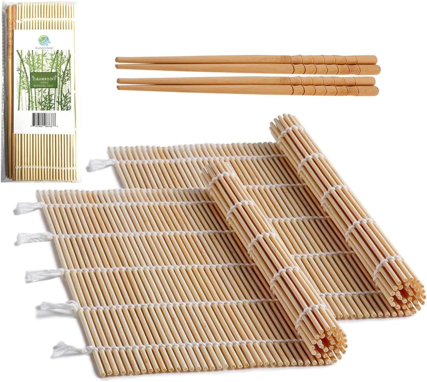 FUNGYAND Bamboo Sushi Rolling Mat with 2 Pairs of Chopsticks Natural Bamboo 9.5"x9.5" 2 Pcs Sushi Making Kit