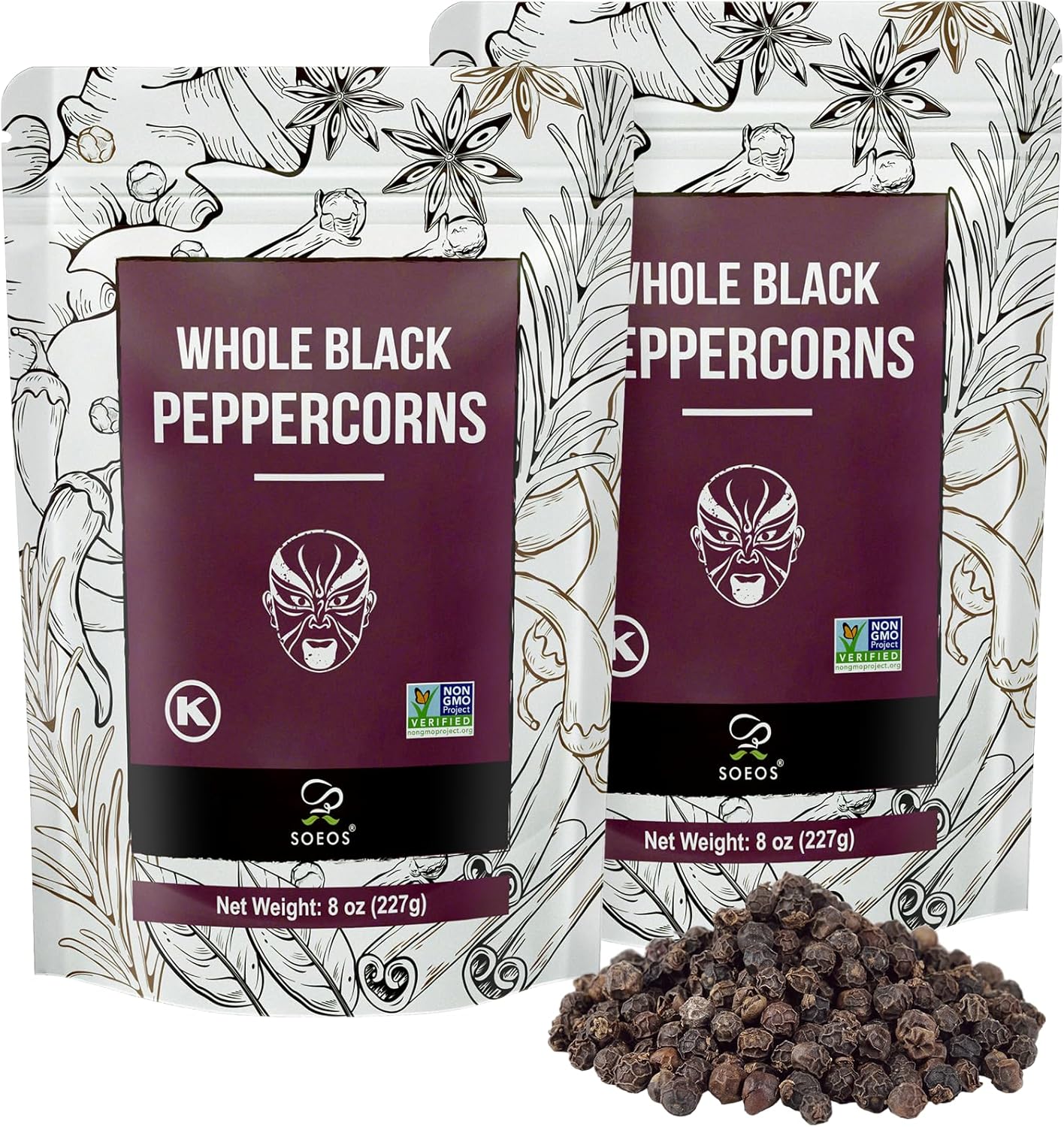 Soeos Black Peppercorns, 16oz(1LB), Non-GMO, Kosher, Packed to Keep Peppers Fresh, Whole Black Peppercorns for Cooking and Seasoning, 8oz (227g), Pack of 2