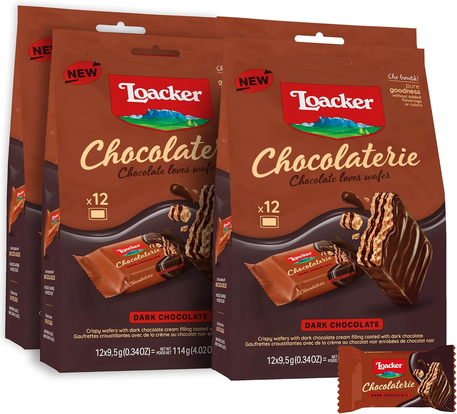 Loacker Chocolaterie Dark Chocolate, Individually Wrapped Premium Enrobed Crispy Cocoa Wafer Minis with Cream Filling, Sustainably Sourced, Made in Italy, 4 x 4.02 oz bags