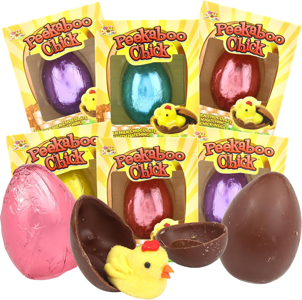 Belgian Milk Chocolate Eggs with Marshmallow Chick Inside, Easter Basket Stuffer Candies, Egg Wrapped Color May Vary, 1.05 Ounces (Pack of 6)