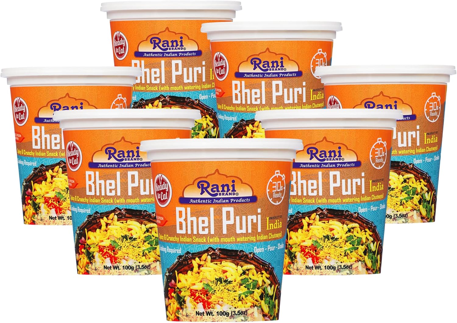 Rani Bhel Puri Cup (Spicy & Crunchy Indian Snack w/ mouth watering Indian Chutneys) 3.5oz (100g), Pack of 6+1 FREE ~ Ready to Eat | Vegan | NON-GMO | Indian Origin
