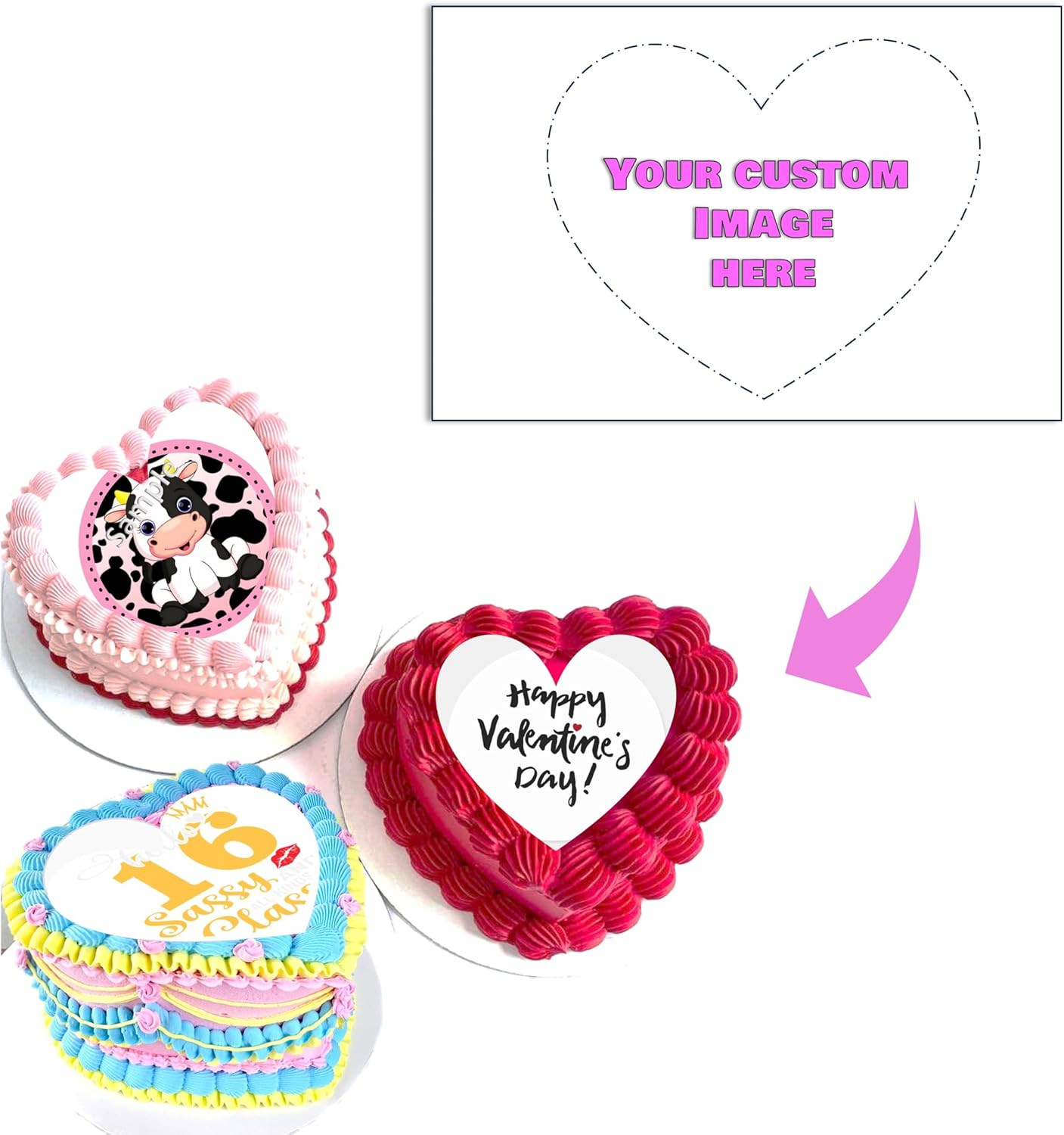 Hearted Shaped Custom Cake Image Personalized Make your Own Cake Toppers, Different sizes option, Birthday Cake Topper, Bento cake image, and any dessert and treats. Non PRECUT