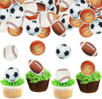 48 PCS Edible Sports Cupcake Toppers Wafer Paper Baseball Rugby Cupcake Picks Edible Basketball Soccer Football for Cake Decorating Sports Ball Game Theme Kids Birthday Party Cake Decorations Supplies
