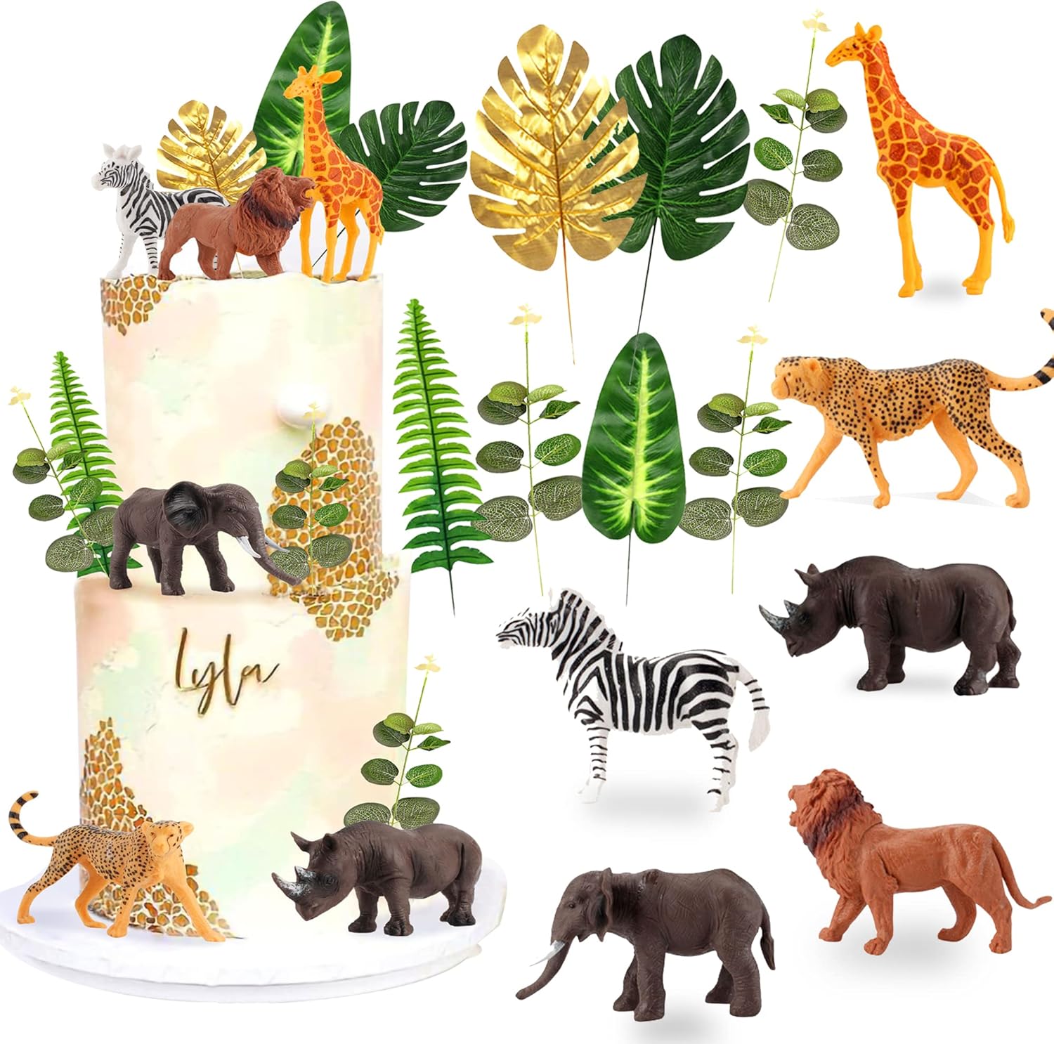 LaVenty 13PCS Safari Animals Cake Decoration Jungle Animals Cake Decoration Wild One Cake Decoration
