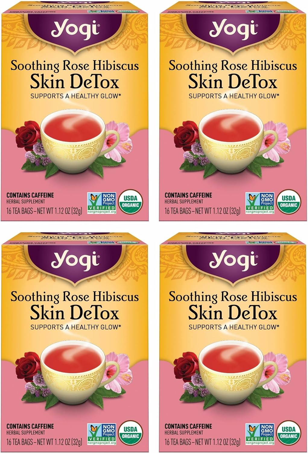 Yogi Tea Soothing Rose Hibiscus Skin DeTox Tea - 16 Tea Bags per Pack (4 Packs) - Organic DeTox Tea to Support Skin Health - Includes Green Tea Leaf, Rose Petal, Honeybush Leaf, Hibiscus & More