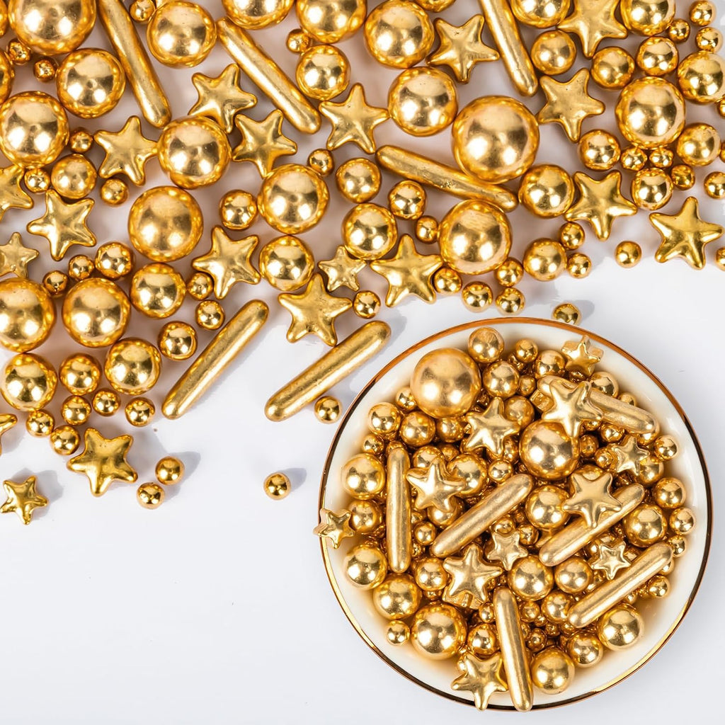 Gold Pearl Sprinkles,Edible Pearl Stars Rods Sugar Candy,130g,Golden Sprinkle Mix Size,Baking Cake Decorations,Cupcake Toppers,Cookie Donuts Ice Cream,Holiday Birthday Wedding Party Mother's Day Supplies