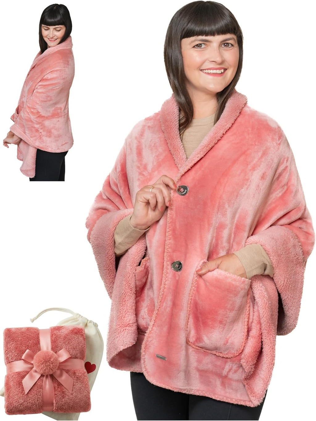EzrAllora Premium Double Layer Wearable Blanket for Women -No Sleeves- Shawl with Pockets- Wrap Blanket- Gifts for Grandma (Powder Pink)