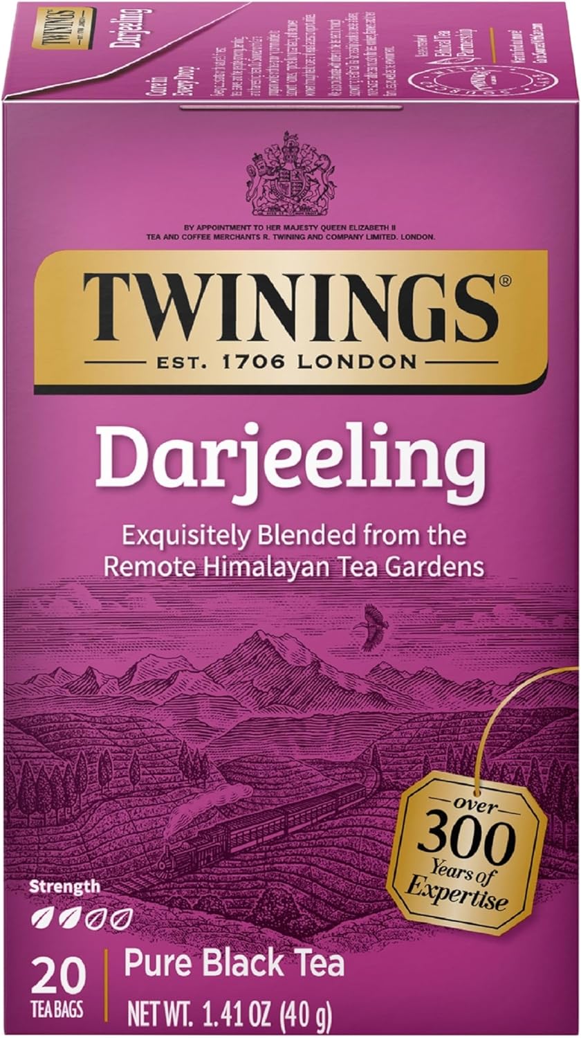 Twinings Darjeeling Black Tea Individually Wrapped Bags, 20 Count (Pack of 1), Delicate Light Taste, Caffeinated, Enjoy Hot or Iced, 20 Teabags