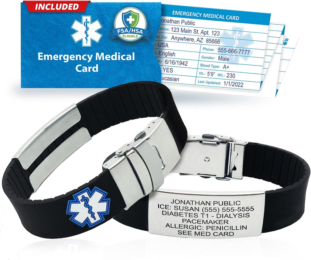 Universal Medical Data Emergency Alert Bracelet for Women & Men – 6-Line Custom Laser Engraved, Silicone Medical Alert Bracelet - Mothers Day Gifts Health Bracelet, Emergency Card & PHR Access – Black