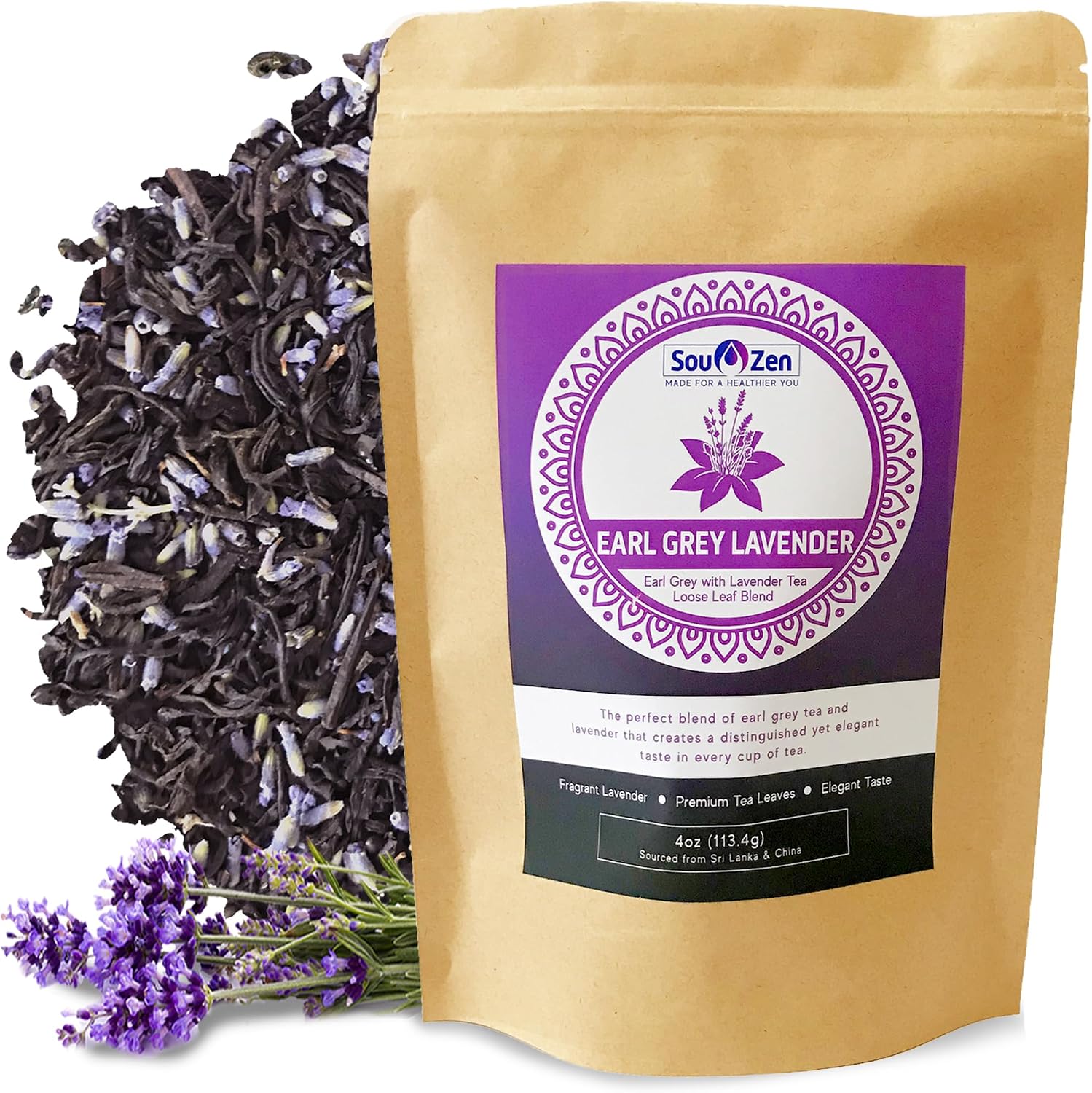 Sou Zen Earl Grey Lavender Loose Leaf Tea Blend 4oz (113g) | Ceylon Black Tea, Bergamot Oil, Lavender Flowers | Raw and Naturally Organic Ingredients | Energizing and Refreshing With No Additives