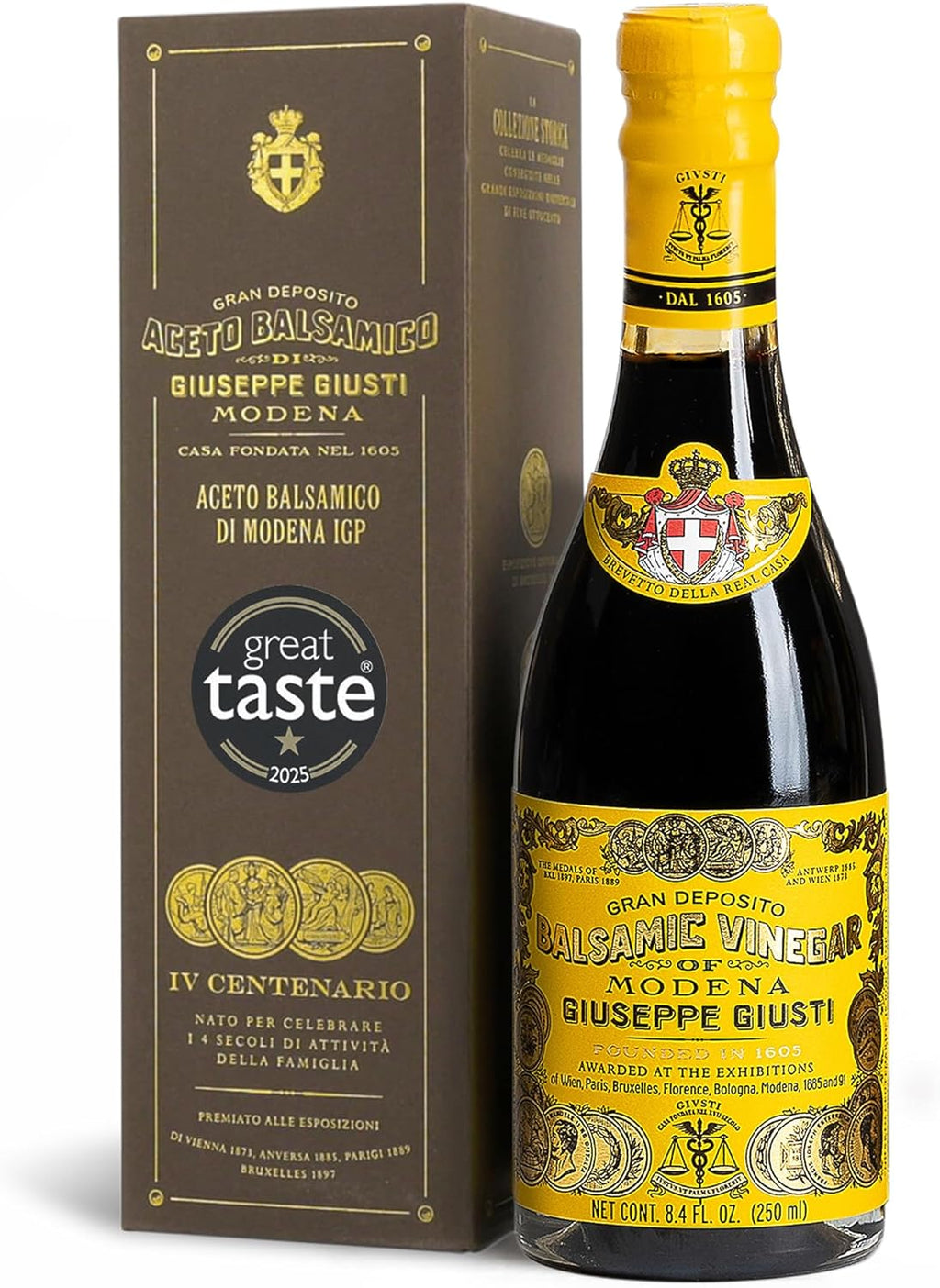 Giusti Balsamic Vinegar of Modena IGP – Extra Thick & Rich Aceto Balsamico di Modena, Matured in Traditional Aging Casks - 4 Gold Medals, Made in Italy, In Gift Box - 8.45 fl oz (250 ml) -Pack of 1