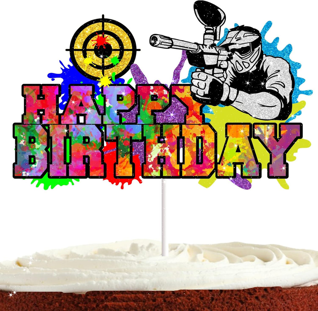 Paintball Birthday Cake Topper for Boys Men - Shooting War Game Party Decorations - Gun Cake Decor