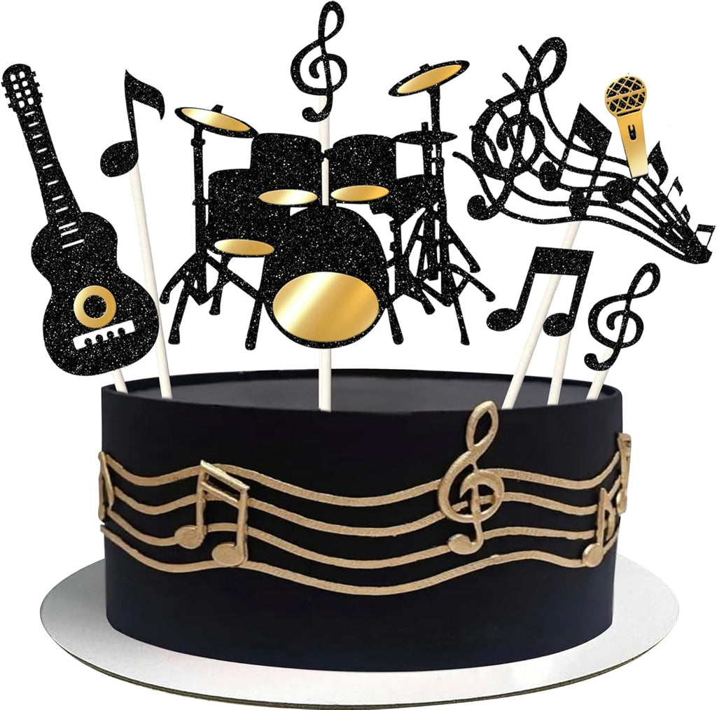Rsstarxi 8 Pack Music Theme Cake Topper Glitter Guitar Drums Musical Symbols Cake Pick Art Mucis Note Musician Cake Decorations for Music Theme Birthday Wedding Anniversary Party Cake Supplies