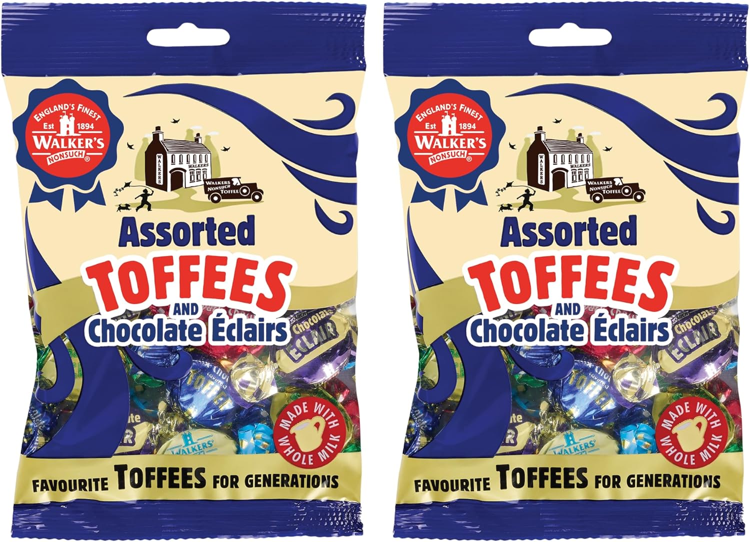 Walkers' Nonsuch Assorted English Toffees & Chocolate Éclairs – British Candy Mix with English Creamy Toffee, Milk & Dark Chocolate Covered, Banana Split & Eclairs – 5.29 Oz (Pack of 2)