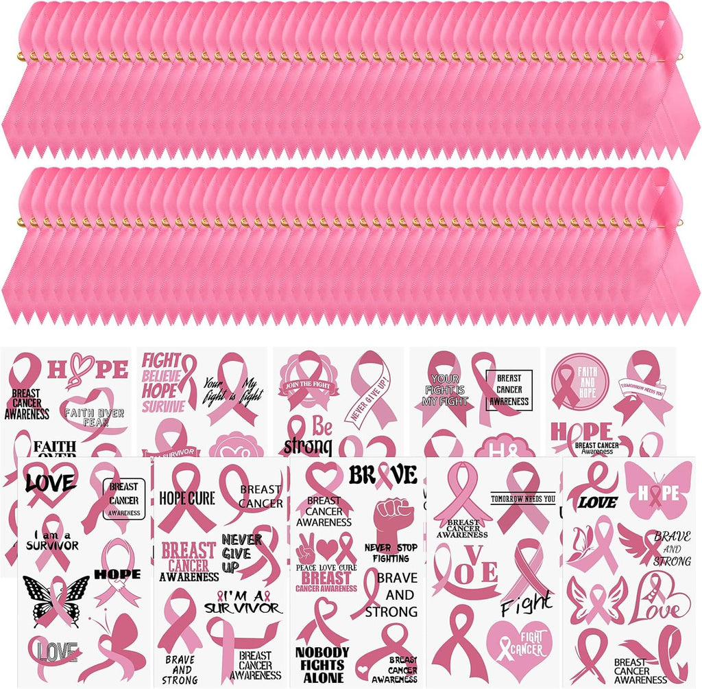 WANDIC Pink Ribbon Awareness Kit, 100PCS Ribbon Pins 10 Sheets Temporary Tattoo for Breast Cancer for Public Benefit Activities