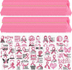 WANDIC Pink Ribbon Awareness Kit, 100PCS Ribbon Pins 10 Sheets Temporary Tattoo for Breast Cancer for Public Benefit Activities