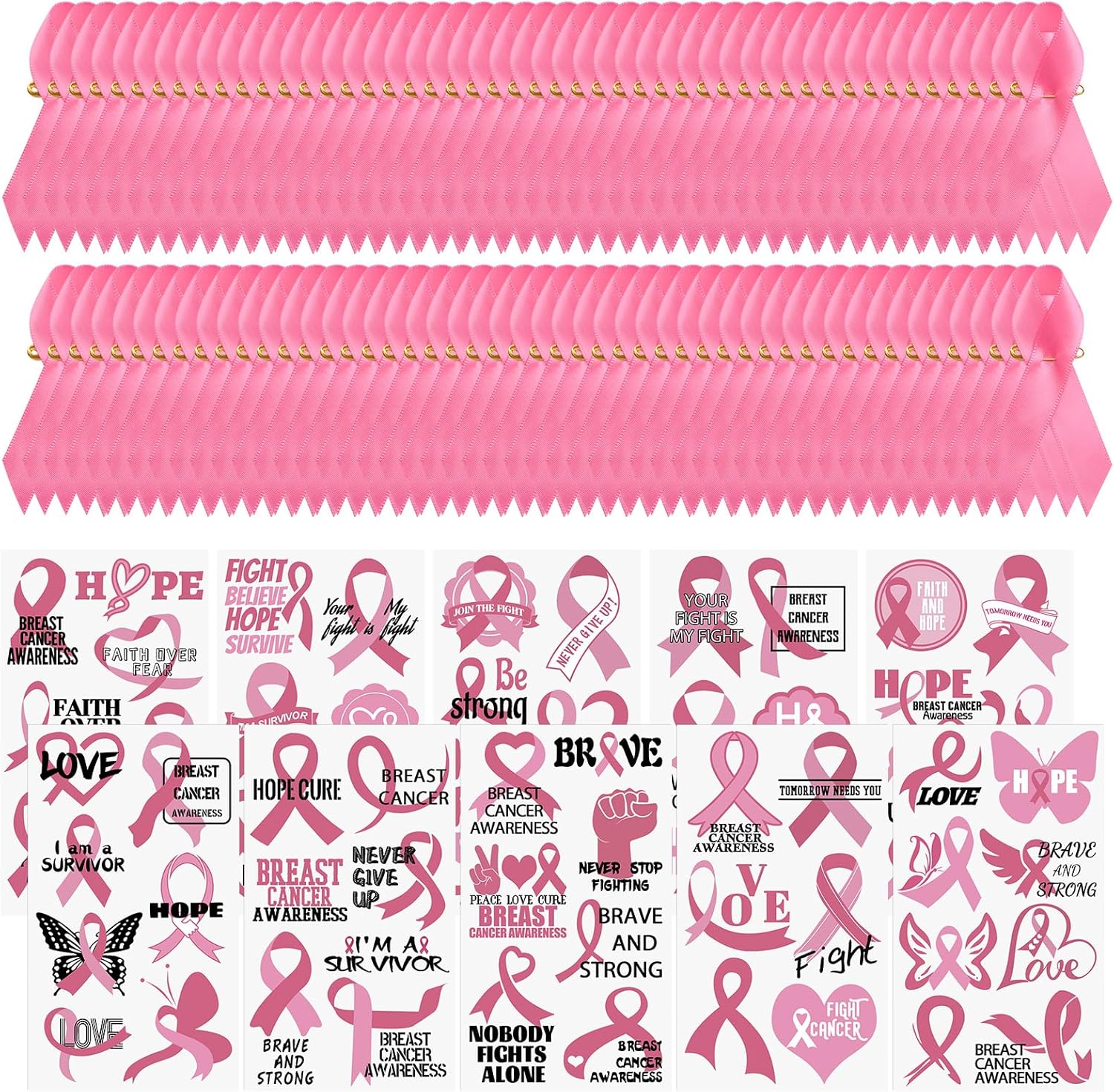 WANDIC Pink Ribbon Awareness Kit, 100PCS Ribbon Pins 10 Sheets Temporary Tattoo for Breast Cancer for Public Benefit Activities