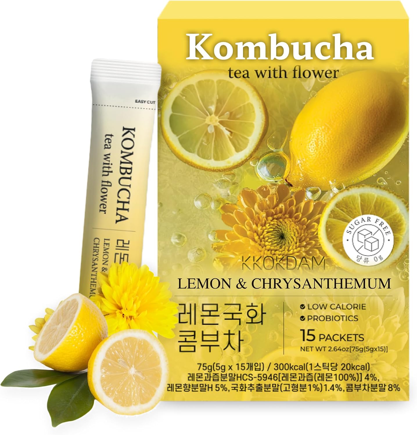 KKOKDAM Kombucha Tea - Lemon & Chrysanthemum Korean Tea - Kombucha Drinks Probiotic Support, Low Calorie, Sugar Free Drink Pack - 15 Kombucha Drink Packs