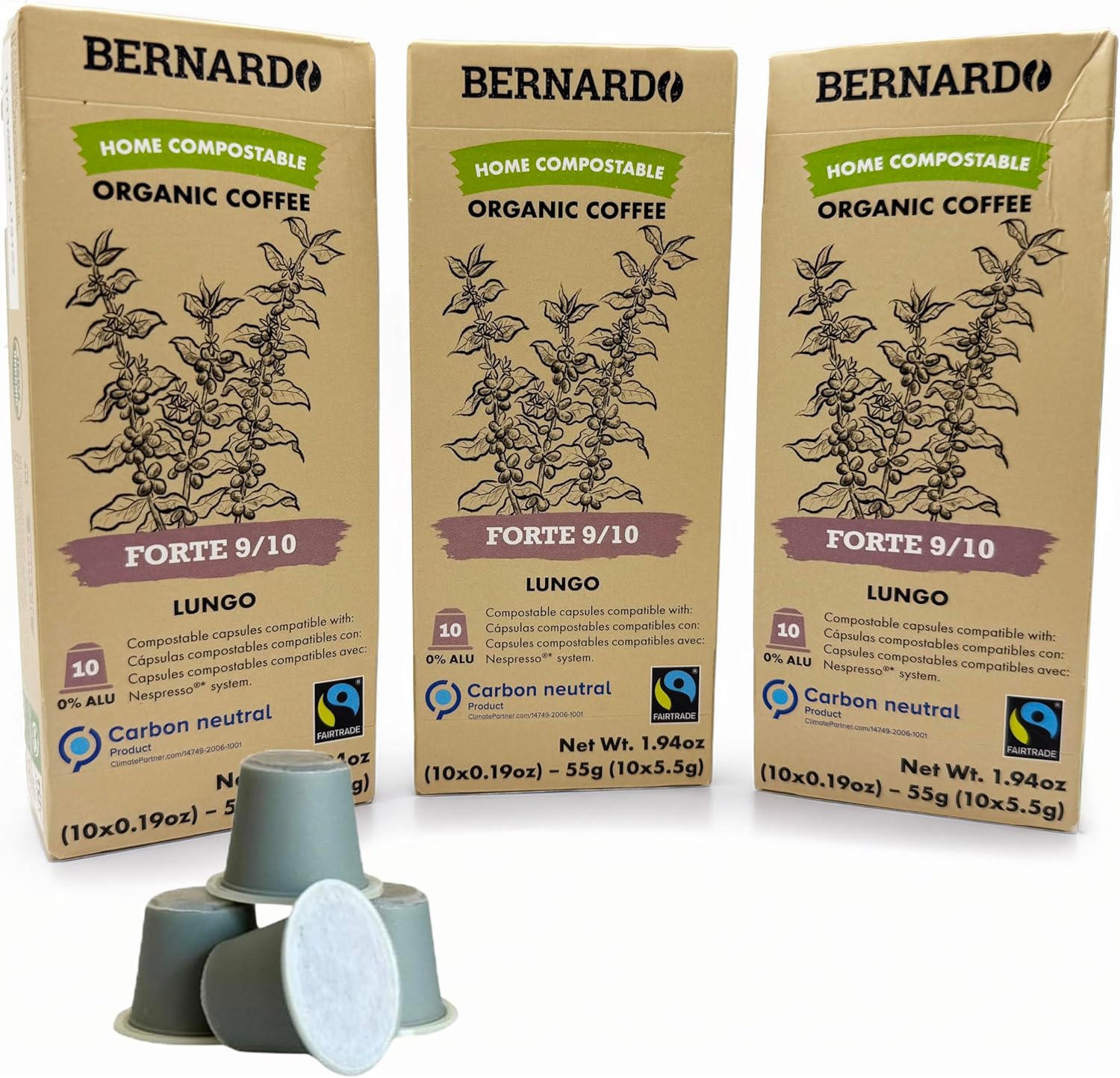 Bernardo FORTE Lungo Biodegradable Capsules Compatible with Nespresso Original Line, Intensity 9/10, USDA Organic, Home Compostable Capsules. 30 Count (3 Boxes of 10 Lungo Pods)