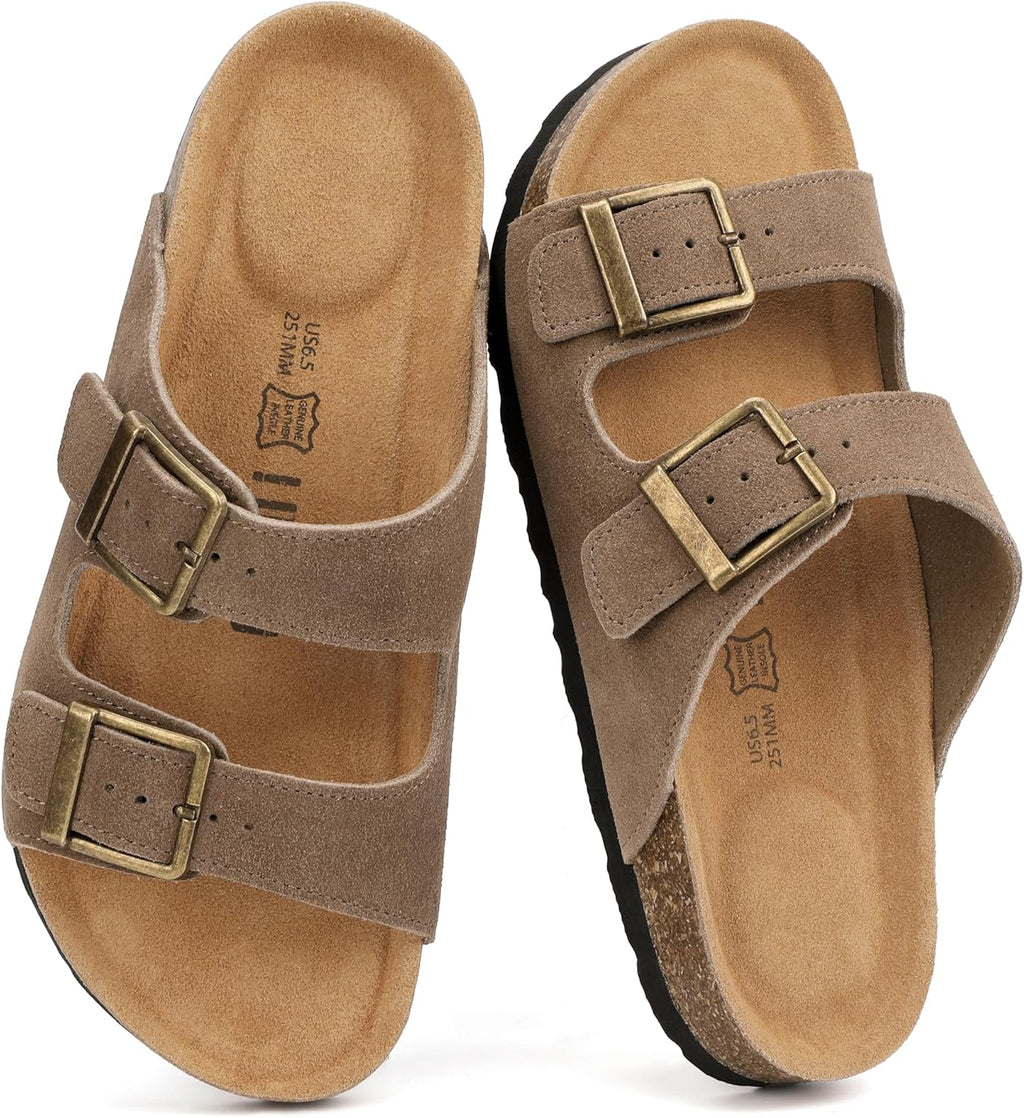 IDIFU Leather Footbed Slides Sandals for Women Slip On Double Buckle Strap Comfortable Sandal Beach Summer Vacation Arch Support Open toe Casual Formal Slide Flat Sandals