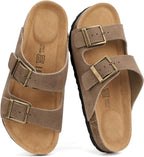 IDIFU Leather Footbed Slides Sandals for Women Slip On Double Buckle Strap Comfortable Sandal Beach Summer Vacation Arch Support Open toe Casual Formal Slide Flat Sandals