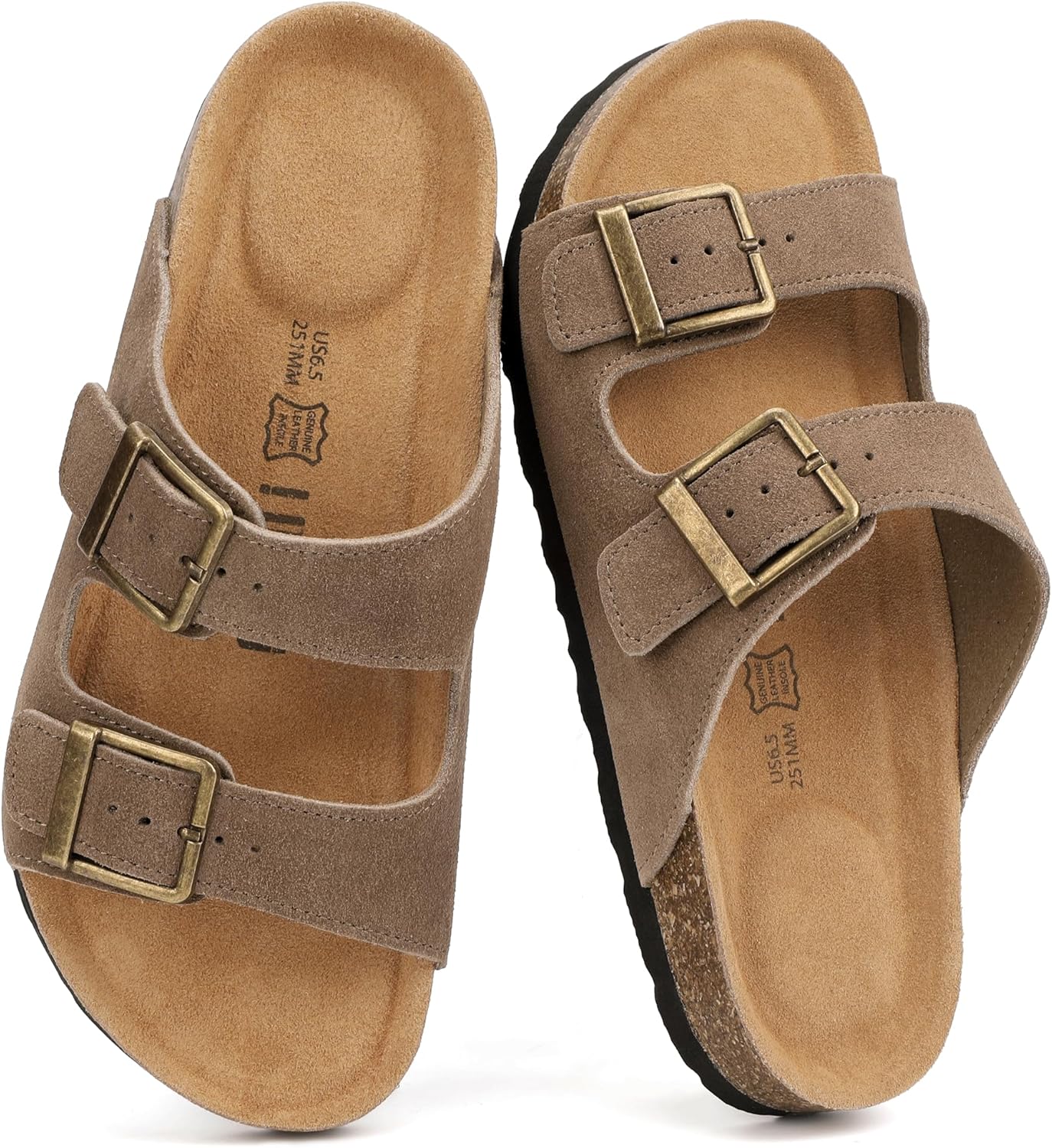 IDIFU Leather Footbed Slides Sandals for Women Slip On Double Buckle Strap Comfortable Sandal Beach Summer Vacation Arch Support Open toe Casual Formal Slide Flat Sandals