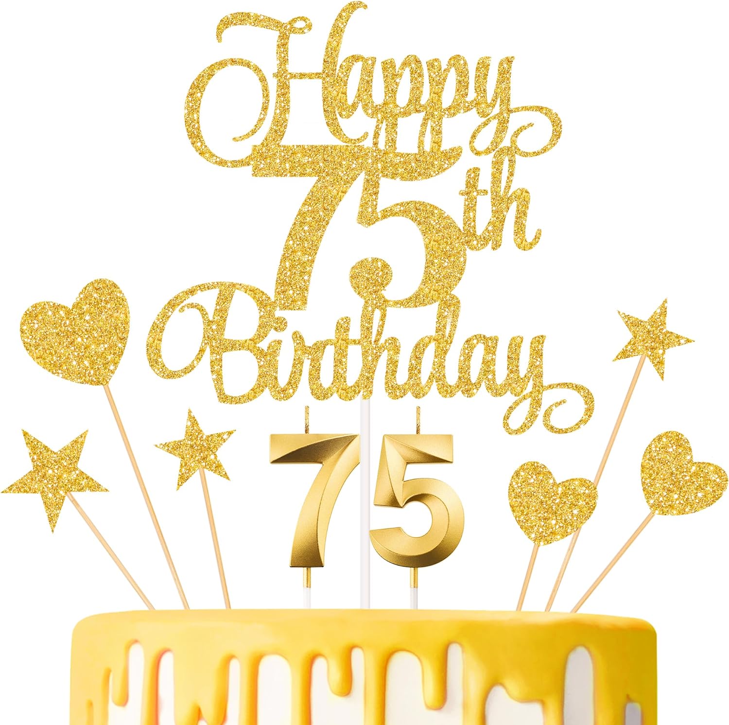 75th Birthday Cake Decorations, 75th Birthday Candles Cake Numeral Candles and Glitter Happy 75th Birthday Cake Toppers Set for Birthday Party Supplies (Gold)