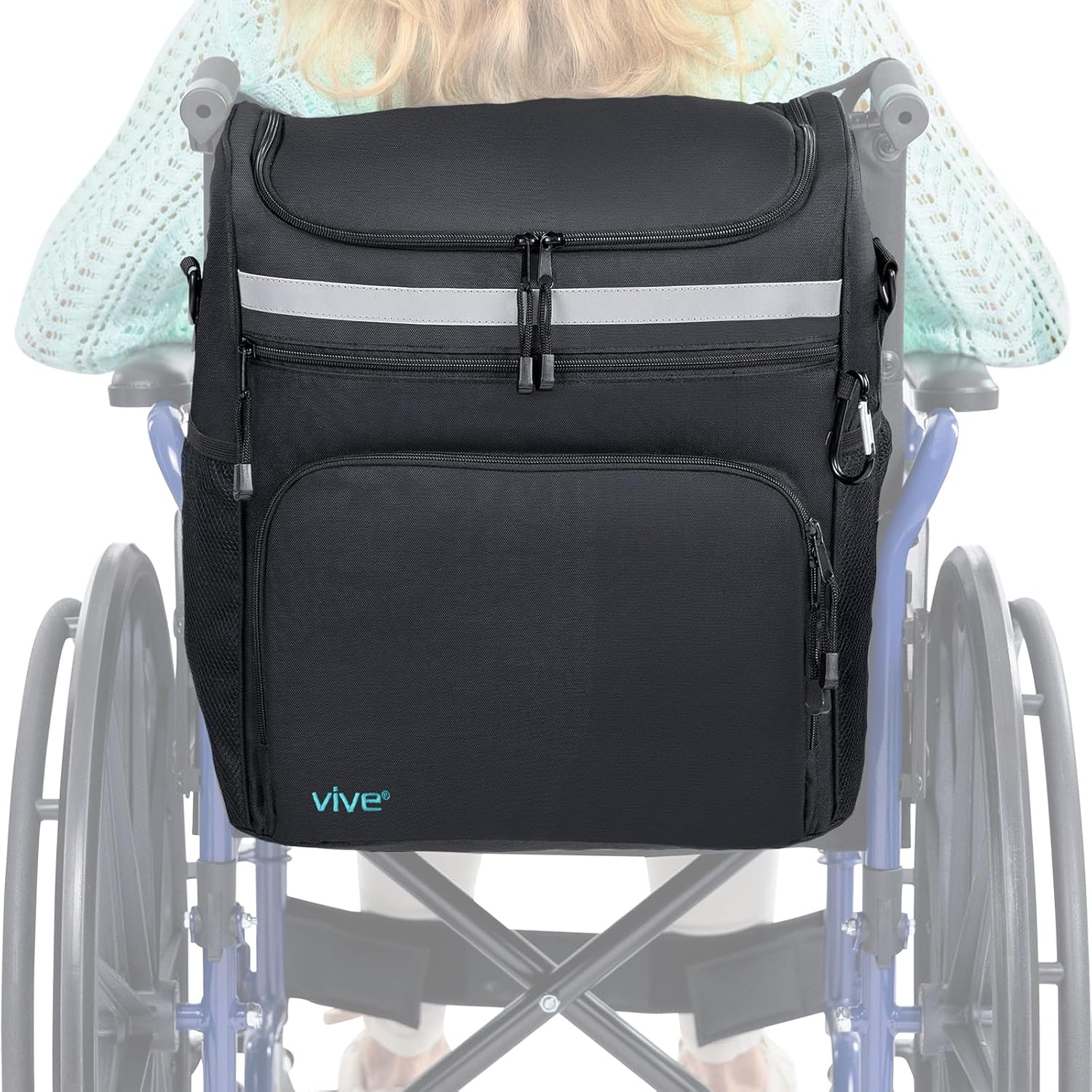 Vive XL Wheelchair Backpack for Seniors - Wheel Chair Bag for Storage & Accessories, Basket Organizer for Adults, Pouch to Hang on Scooters, Waterproof - Largest Wheelchair Storage Available