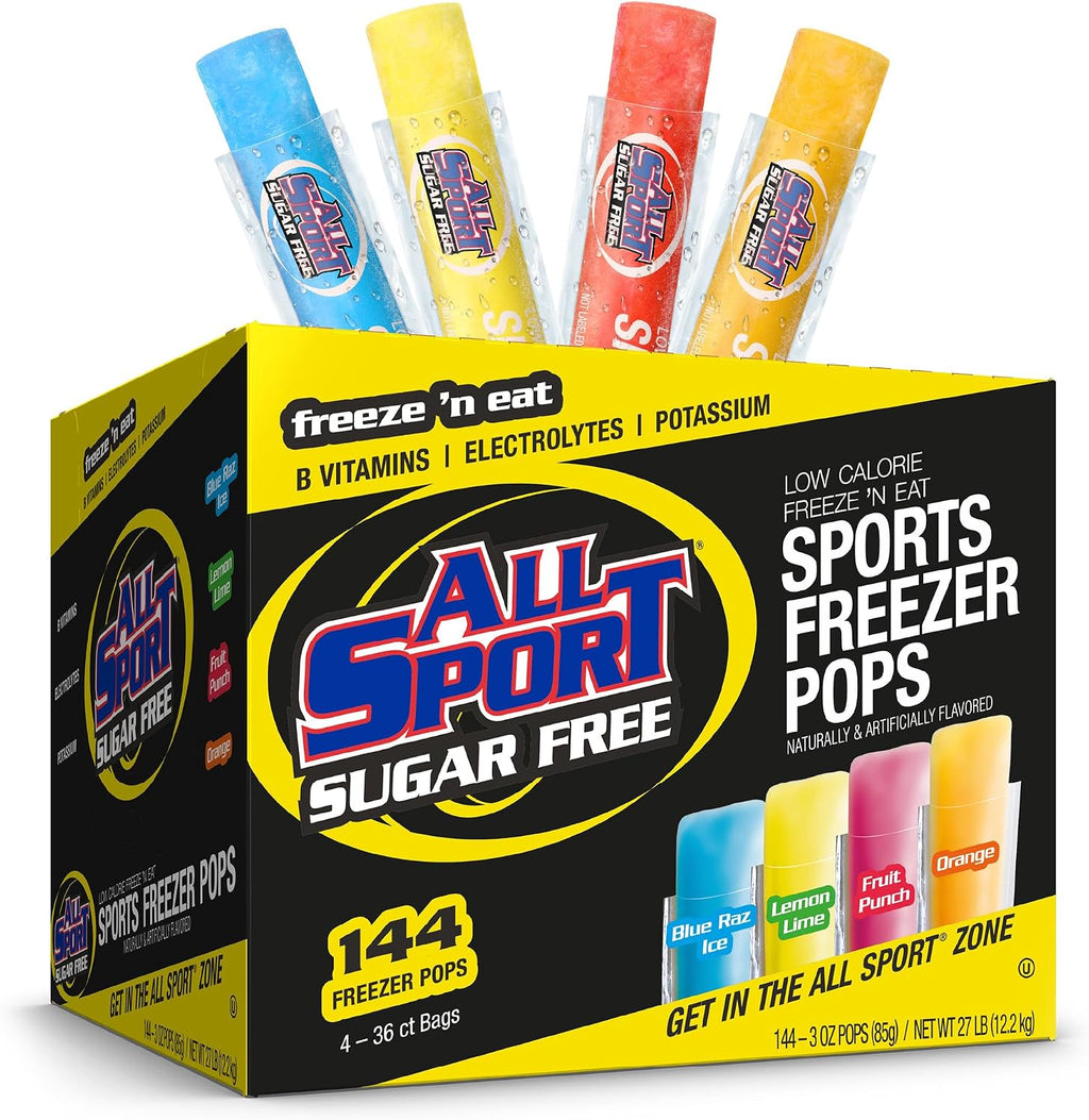 All Sport Sugar-Free - Freezer Pops, Giant Sized 3oz, 144 CT Refreshing Ice Pops with Electrolytes, B Vitamins & Potassium –Blue Raz Ice, Lemon Lime, Fruit Punch & Orange