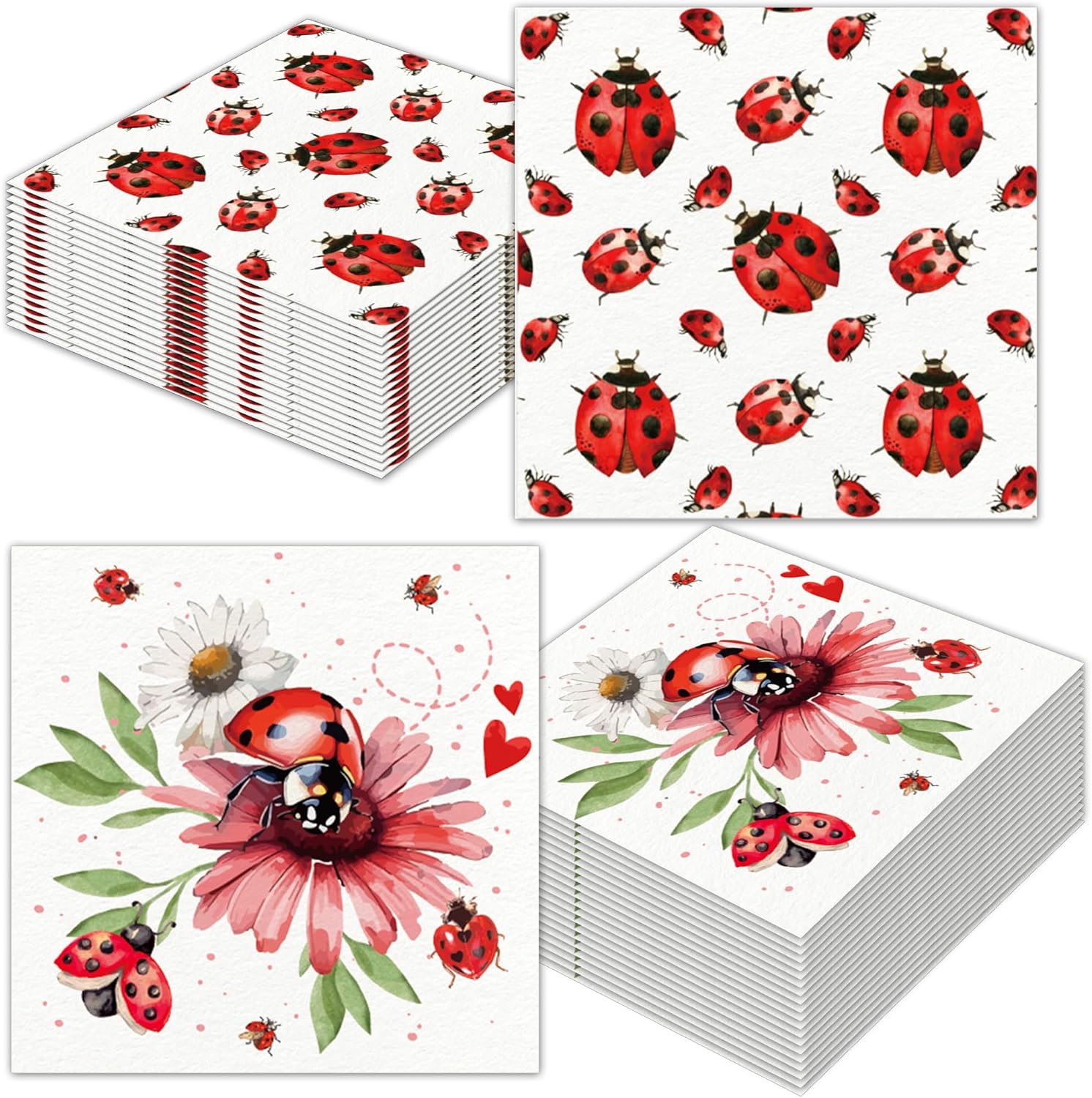 40Pcs Ladybug Disposable Paper Napkins Fancy Cute Ladybug Lunch Dinner Tableware Disposable Paper Napkin Black White Red Little Lady Beetle Flower Party Themed for Birthday Shower Party Supplies