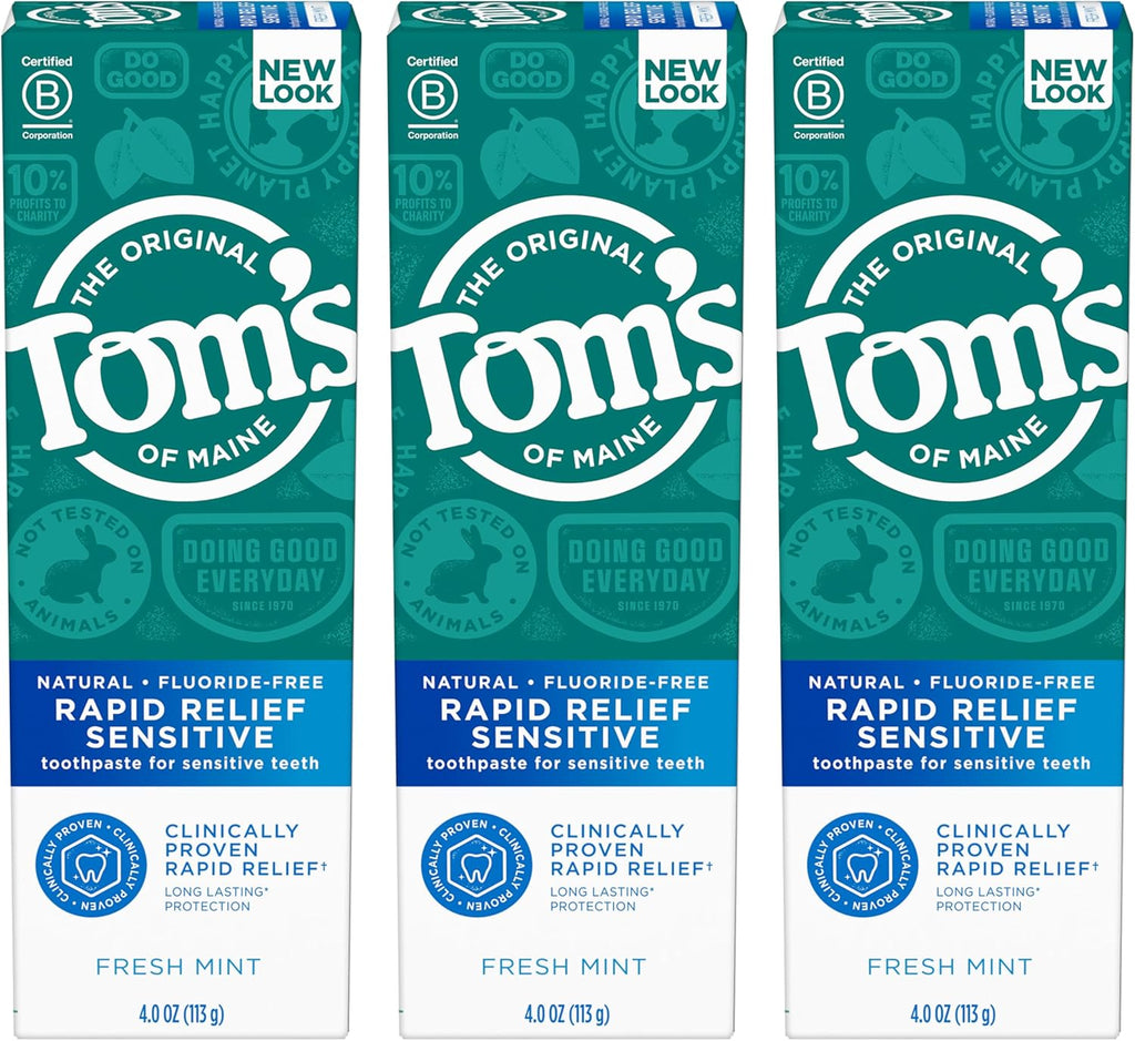 Tom's of Maine Fluoride-Free Rapid Relief Sensitive Toothpaste, Fresh Mint, 4 oz. 3-Pack (Packaging May Vary)