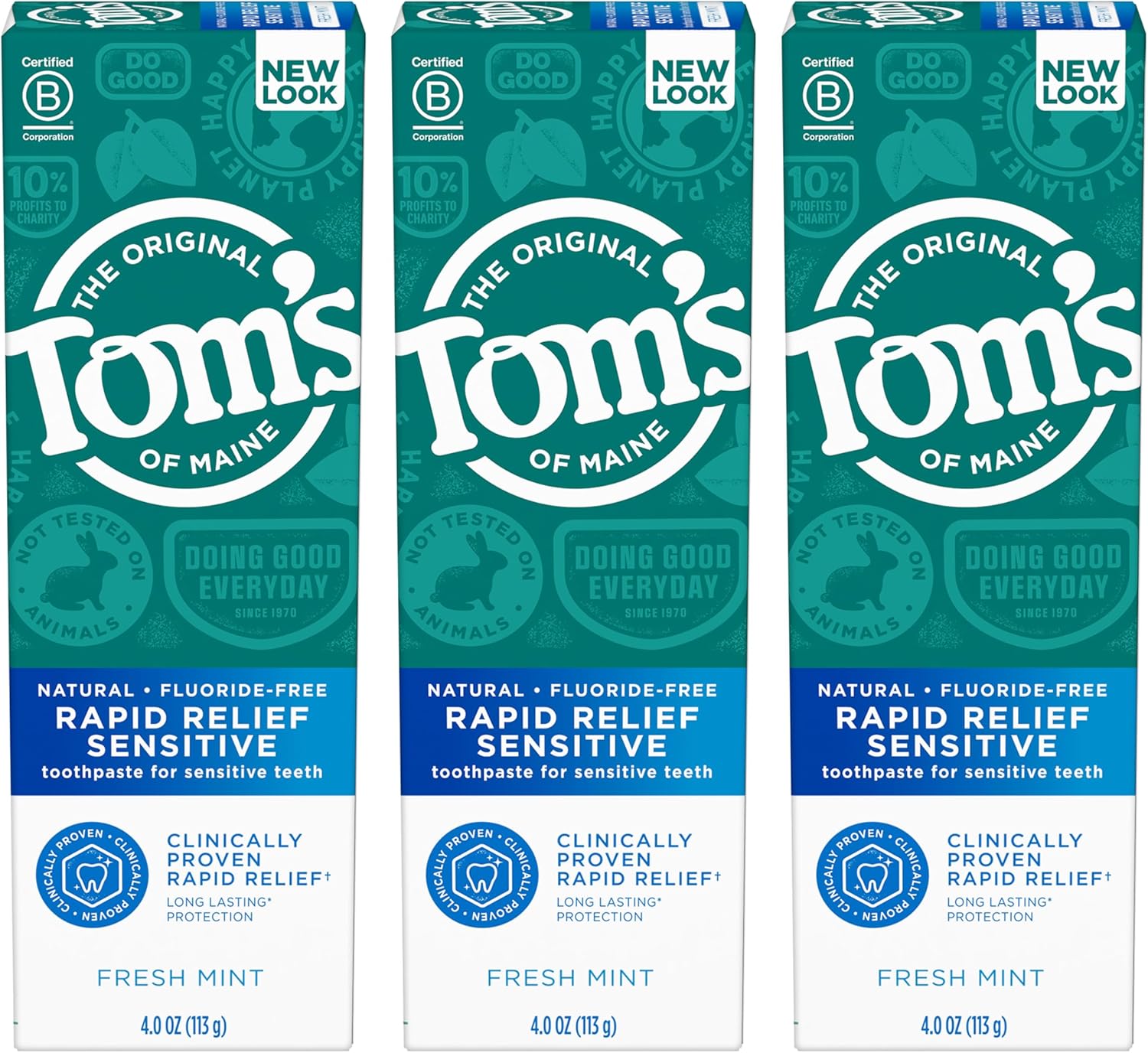 Tom's of Maine Fluoride-Free Rapid Relief Sensitive Toothpaste, Fresh Mint, 4 oz. 3-Pack (Packaging May Vary)