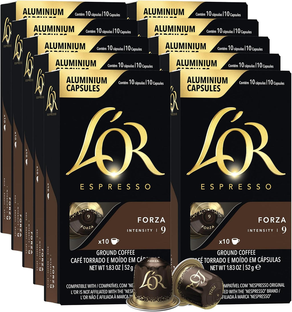 L'OR Espresso Capsules, 100 Count Forza, Single-Serve Aluminum Coffee Capsules Compatible with the L'OR BARISTA System & *Nespresso Original Machines
