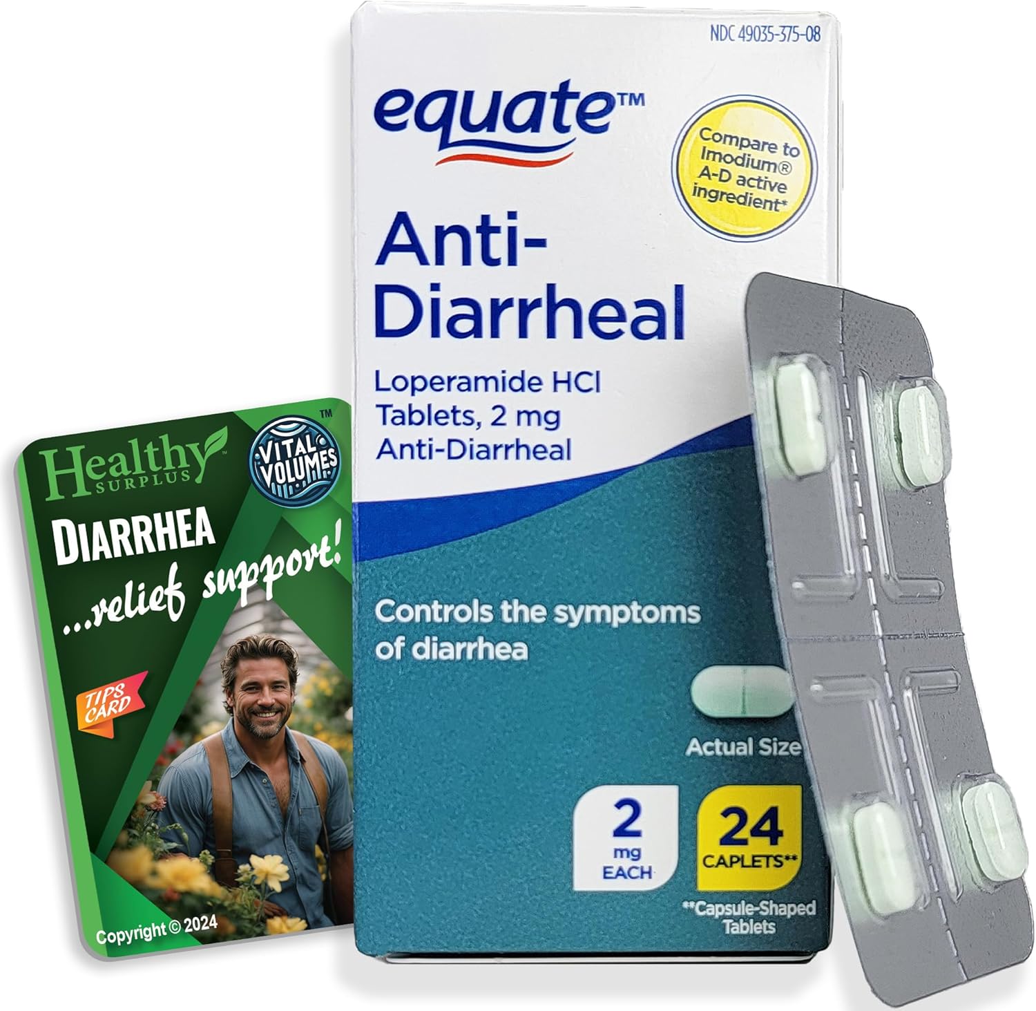 Healthy Surplus Equate Anti-Diarrheal Loperamide HCI 2 mg 24 Caplets and Vital Volumes Tips Card
