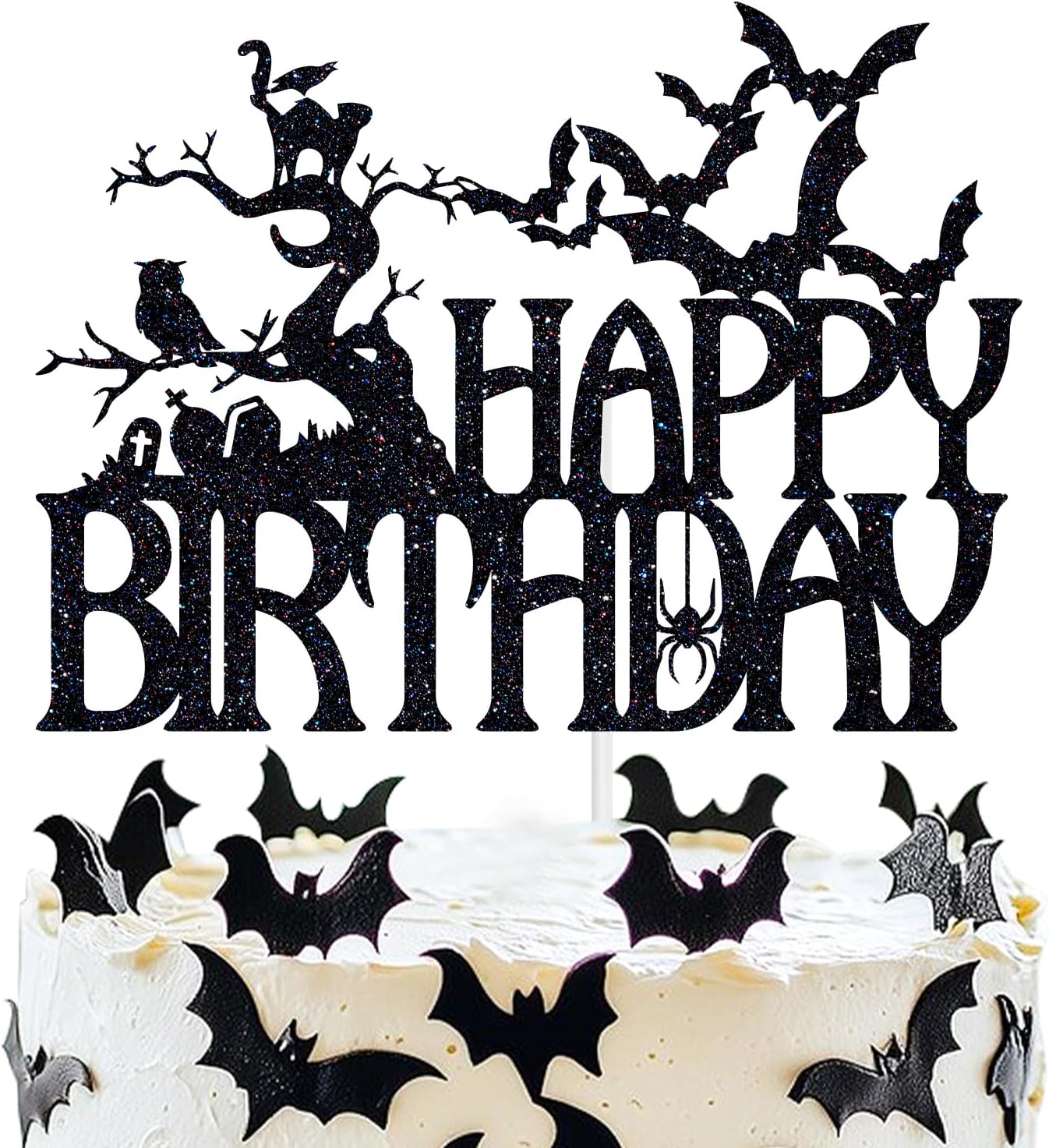 Halloween Happy Birthday Cake Topper, Spooky Haunted House Cake Supplies, Creepy Birthday Themed Party Decorations, Black Glitter