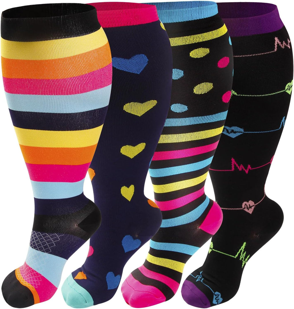 4 Pairs Plus Size Compression Socks for Women & Men, Extra Wide Calf 20-30 mmhg Knee High Compression Stockings for Circulation Swelling Support