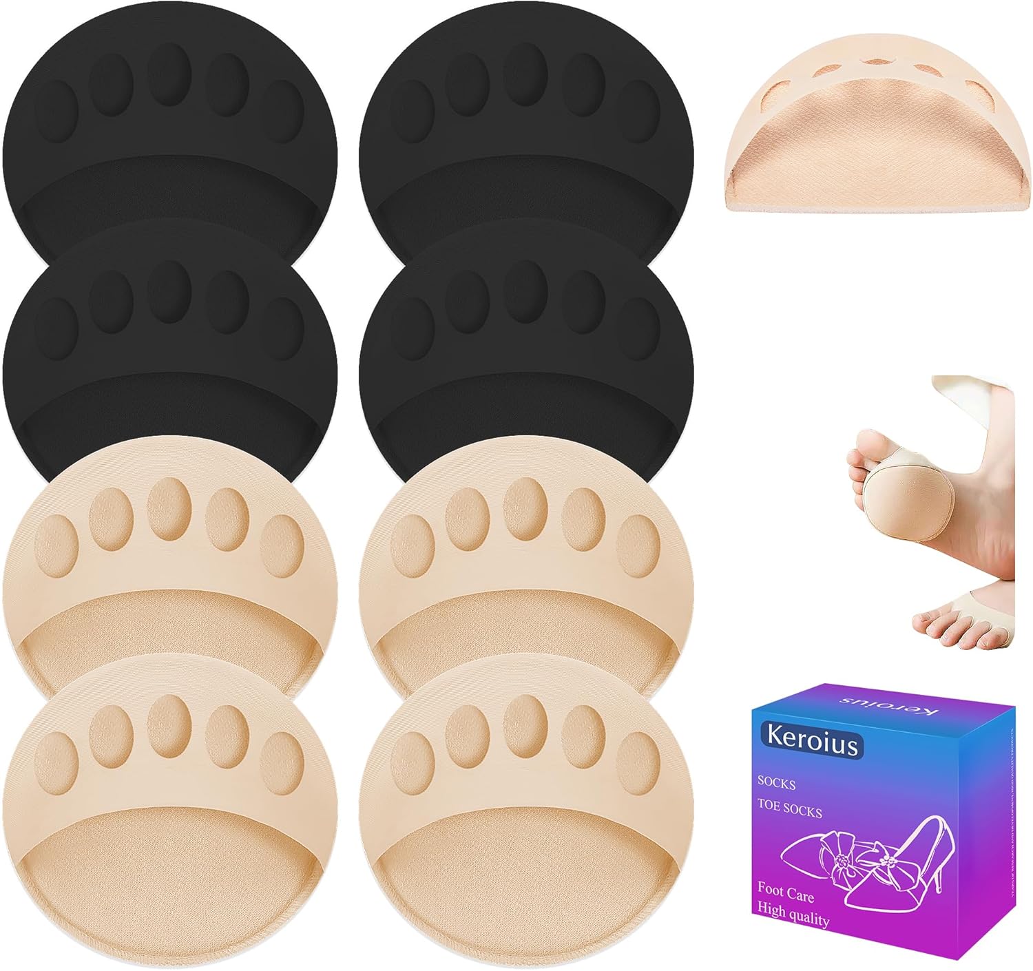 4 Pairs Honeycomb Fabric Forefoot Pads Women High Heels Invisible Socks High Heel Comfort Pads for Relieving Foot Fatigue Comfortable Non-Slip Corrective Toe Socks Pad (2Black 2Beige)