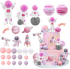 27 PCS Pink Space Cake Toppers Astronaut Figurines Outer Space Astronaut Planet and Rocket DIY Cake Topper for Birthday Party Baby Shower Supplies
