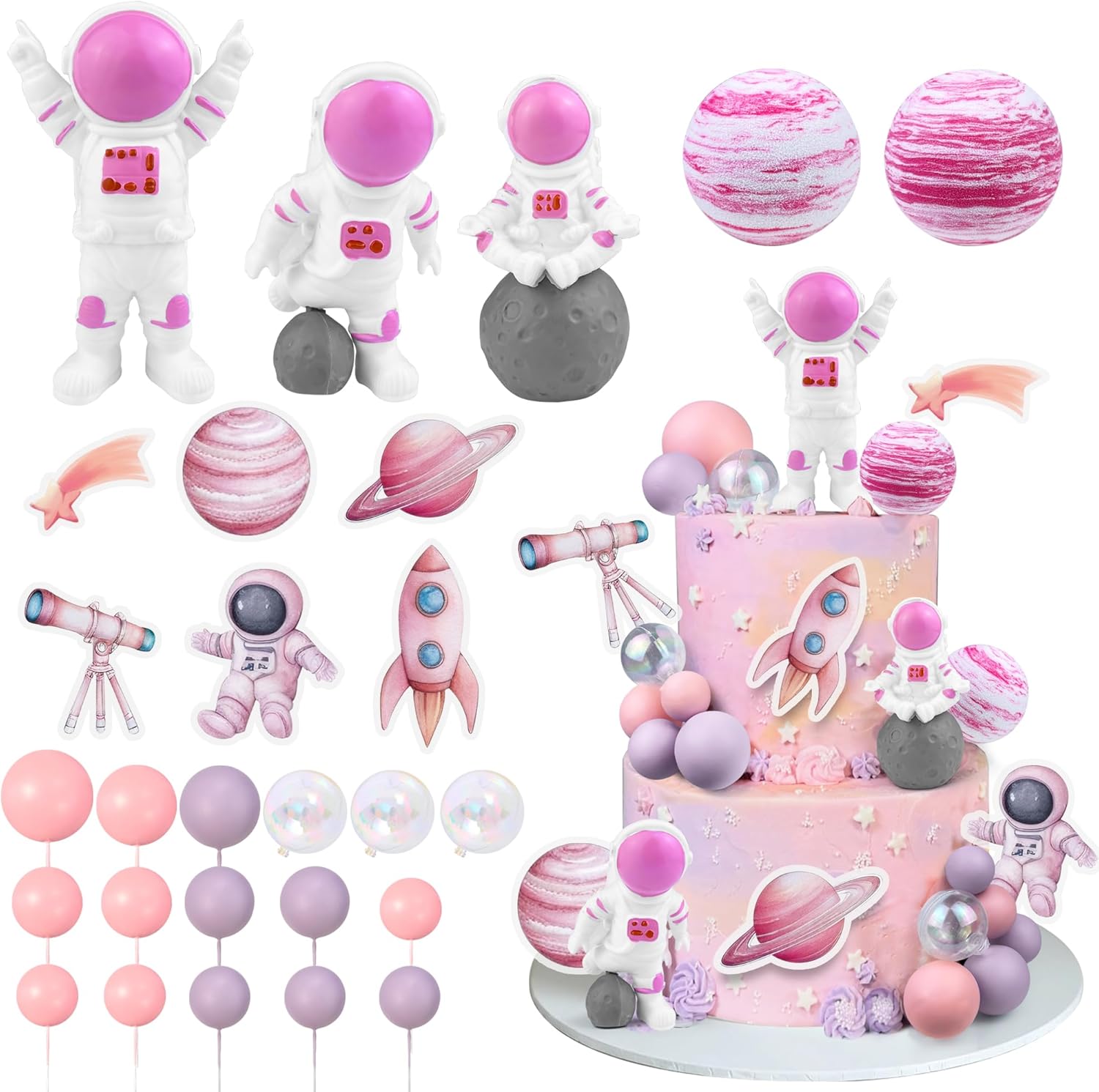27 PCS Pink Space Cake Toppers Astronaut Figurines Outer Space Astronaut Planet and Rocket DIY Cake Topper for Birthday Party Baby Shower Supplies