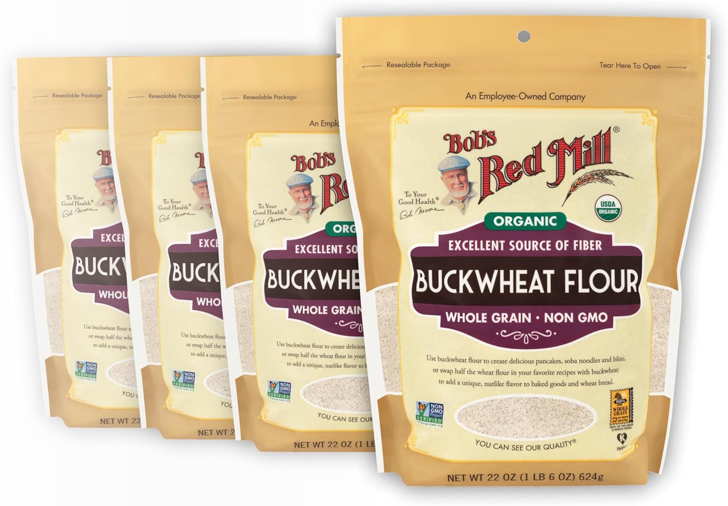Bob's Red Mill Organic Buckwheat Flour, 22oz (Pack of 4) - Non GMO, Whole Grain, Vegan, Kosher