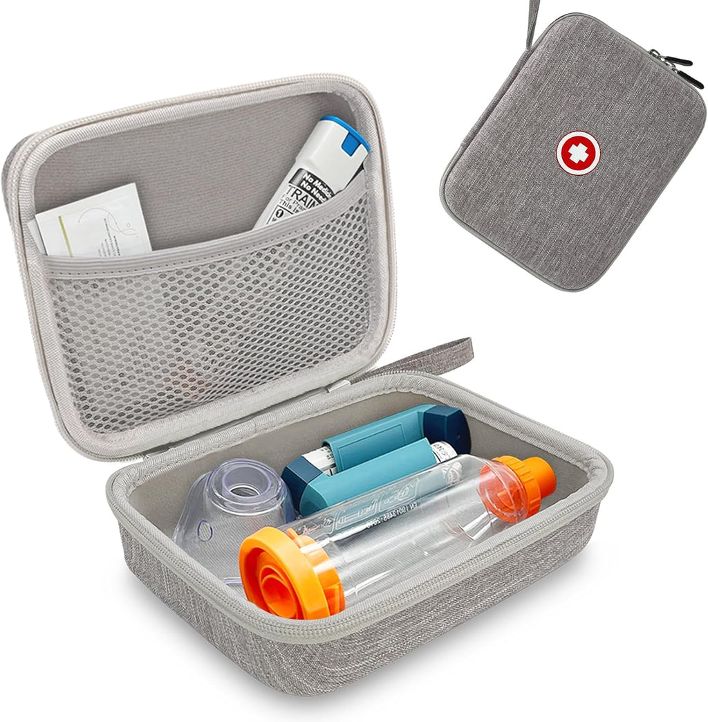 Klawdsky Hard Travel Case for Asthma Inhaler, Inhaler Spacer Case for Kids and Adults,Gray (Bag Only)