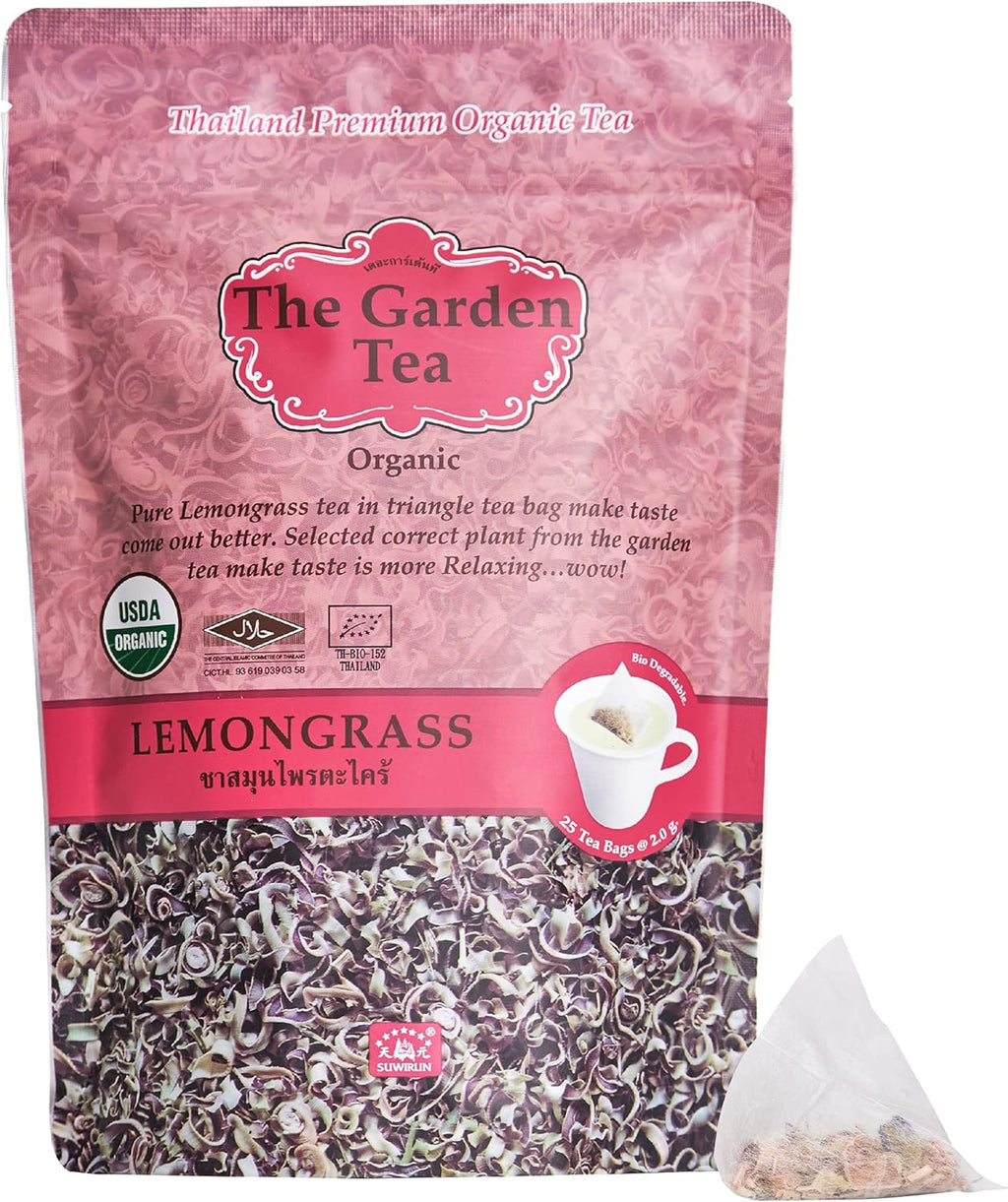Suwirun Organic Lemongrass Tea 25 Bags – Product of Thailand – Citrusy & Refreshing Herbal Tea, Caffeine-Free, No Calories, Soothes Throat & Aids Digestion, Enjoy Hot or Cold