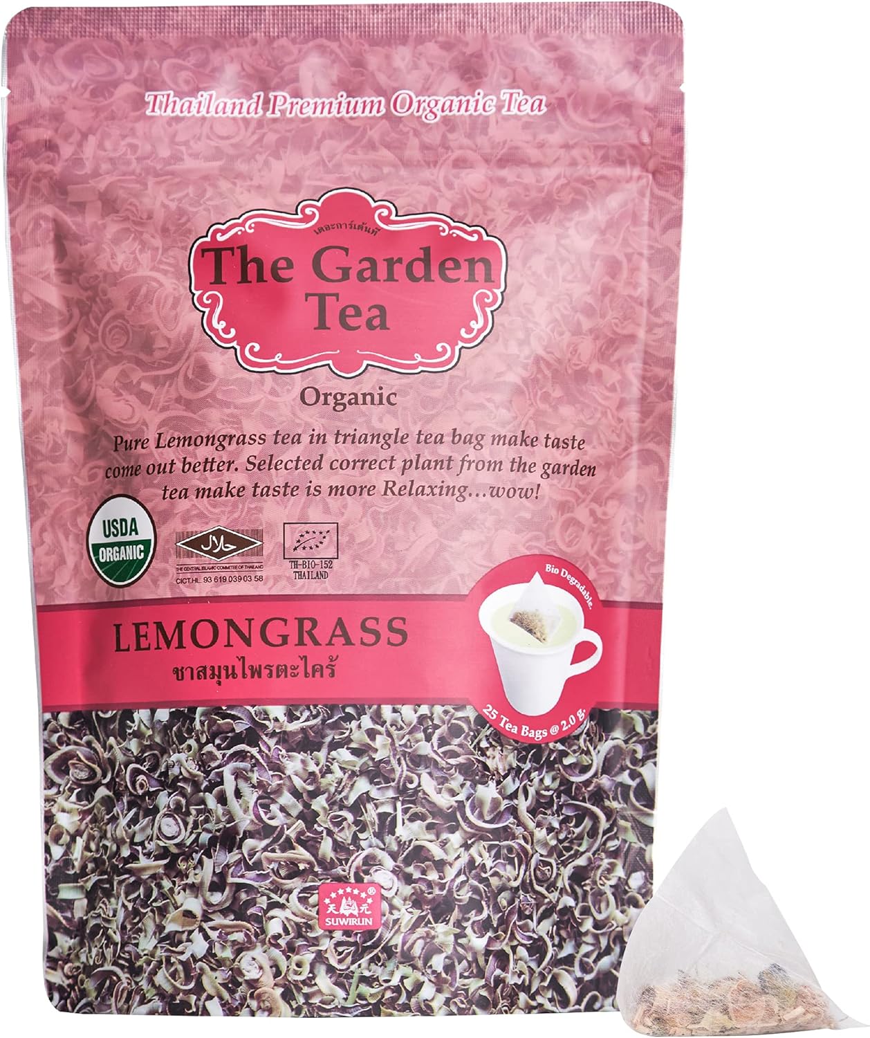 Suwirun Organic Lemongrass Tea 25 Bags – Product of Thailand – Citrusy & Refreshing Herbal Tea, Caffeine-Free, No Calories, Soothes Throat & Aids Digestion, Enjoy Hot or Cold