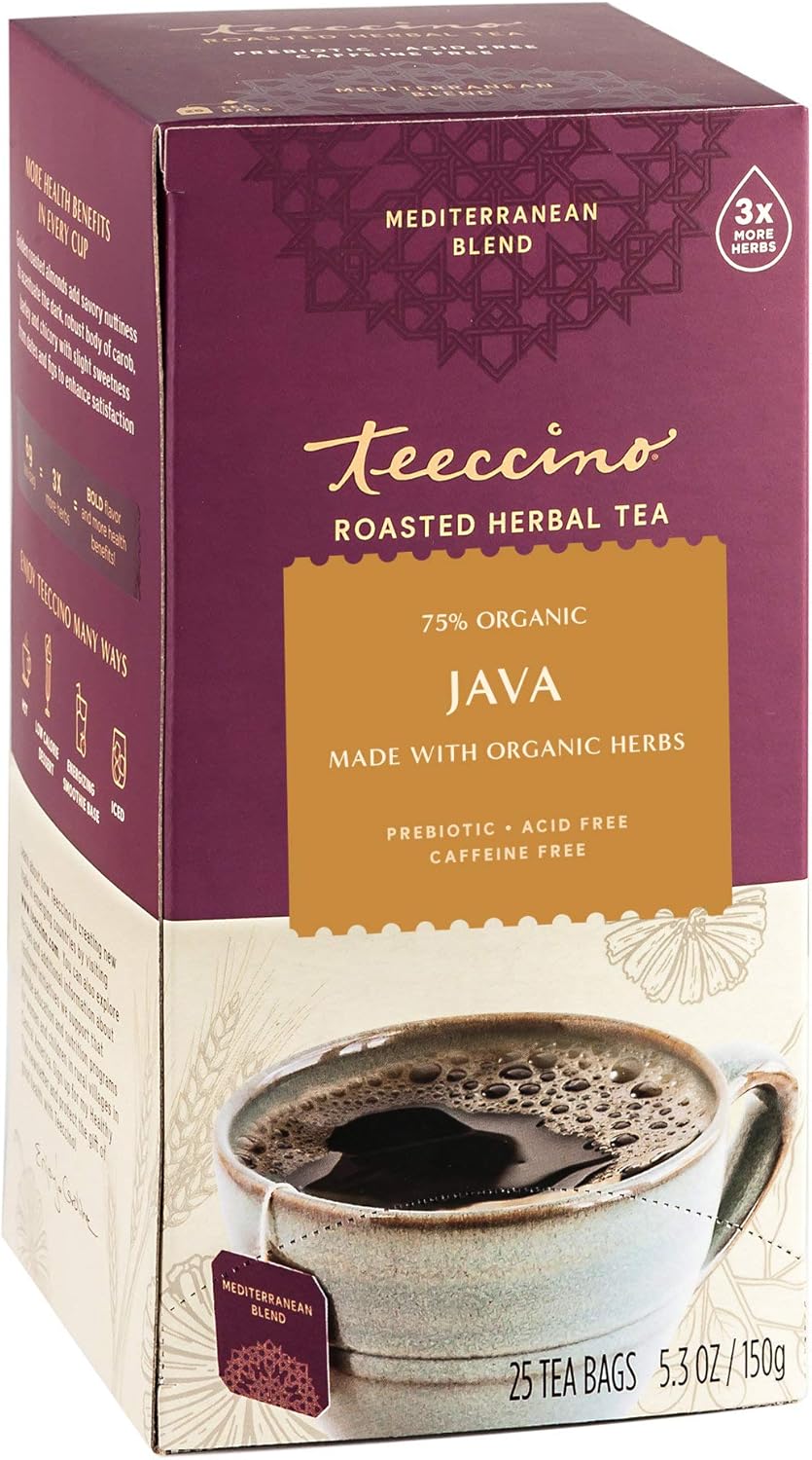 Teeccino Java Herbal Tea - Rich & Roasted Herbal Tea That’s Caffeine Free & Prebiotic for Natural Energy, 25 Tea Bags