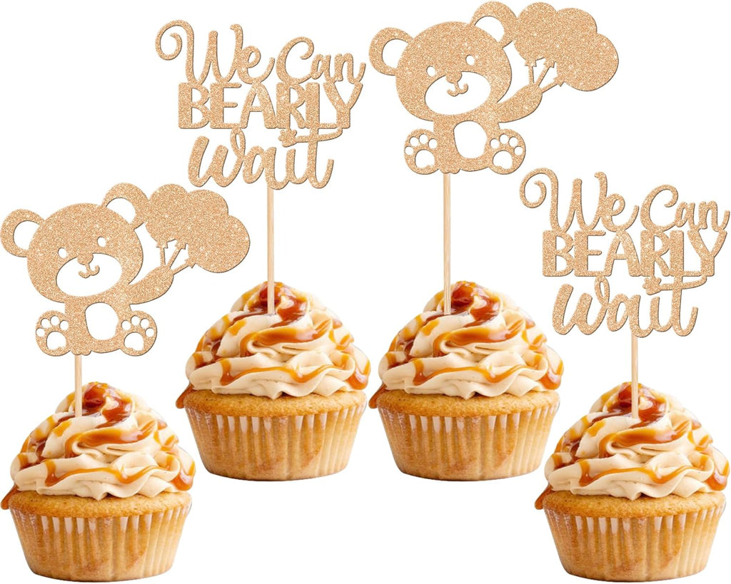 24 PCS We Can Bearly Wait Cupcake Toppers Glitter Balloon Bear Cupcake Picks Baby Shower Cake Decorations for Gender Reveal Theme Baby Shower Kids Birthday Party Supplies Champage Gold