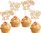 24 PCS We Can Bearly Wait Cupcake Toppers Glitter Balloon Bear Cupcake Picks Baby Shower Cake Decorations for Gender Reveal Theme Baby Shower Kids Birthday Party Supplies Champage Gold