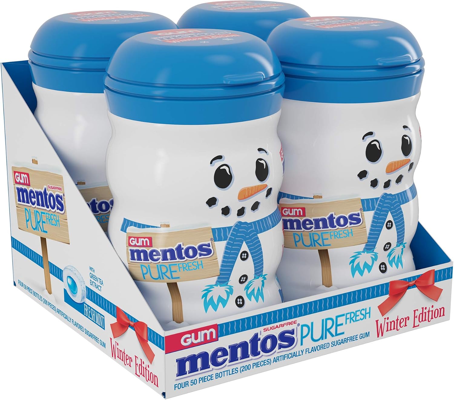 Mentos Sugar-Free Chewing Gum, Fresh Mint Flavor, Winter Edition Snowman Bottle, Holiday Stocking Stuffer, Secret Santa, 50 Count (Pack of 4)