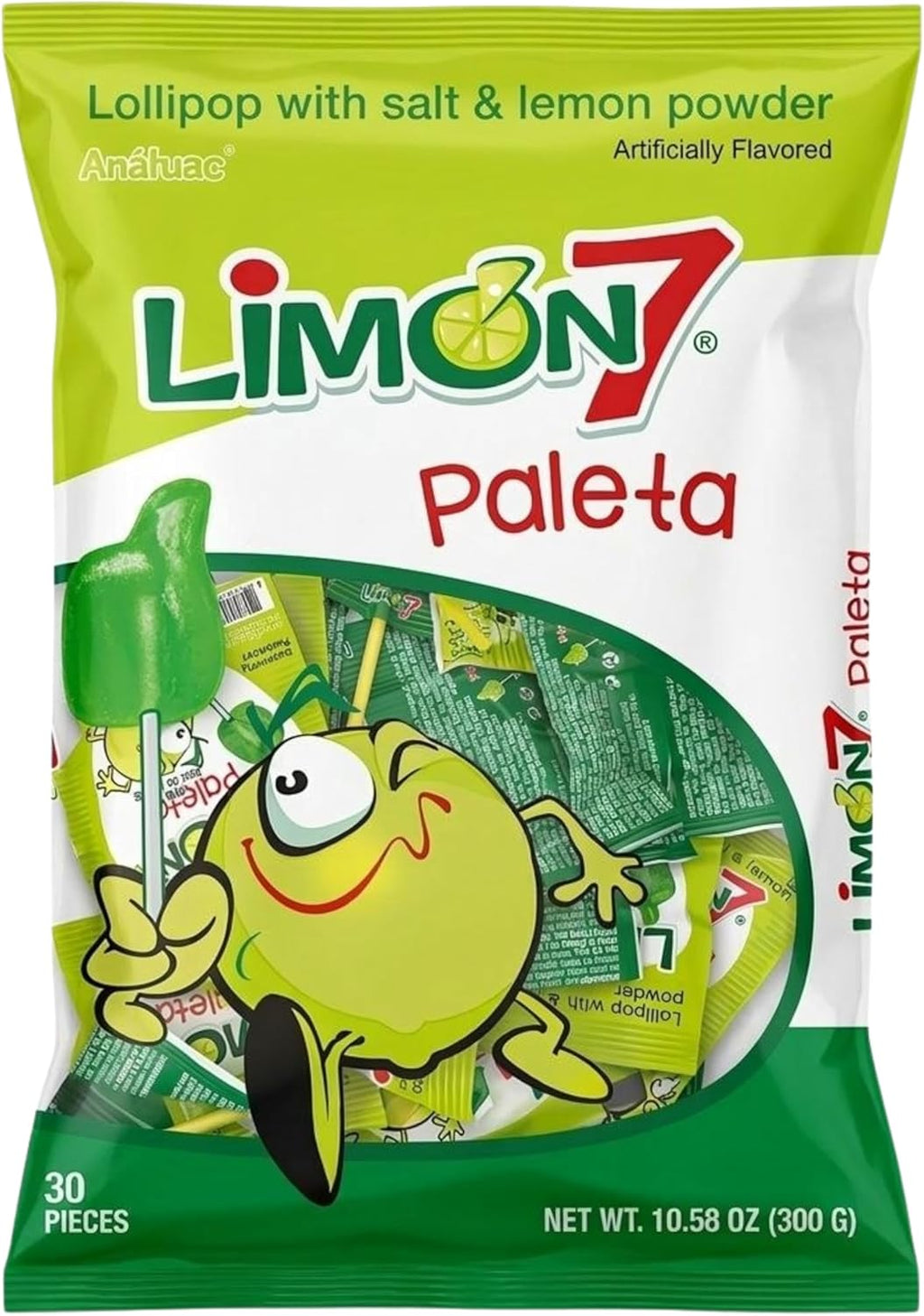 Dulces Anahuac Limon 7 Paleta Lollipop Covered with Lemon and Salt Powder, Mexican Candy, 30 Pieces